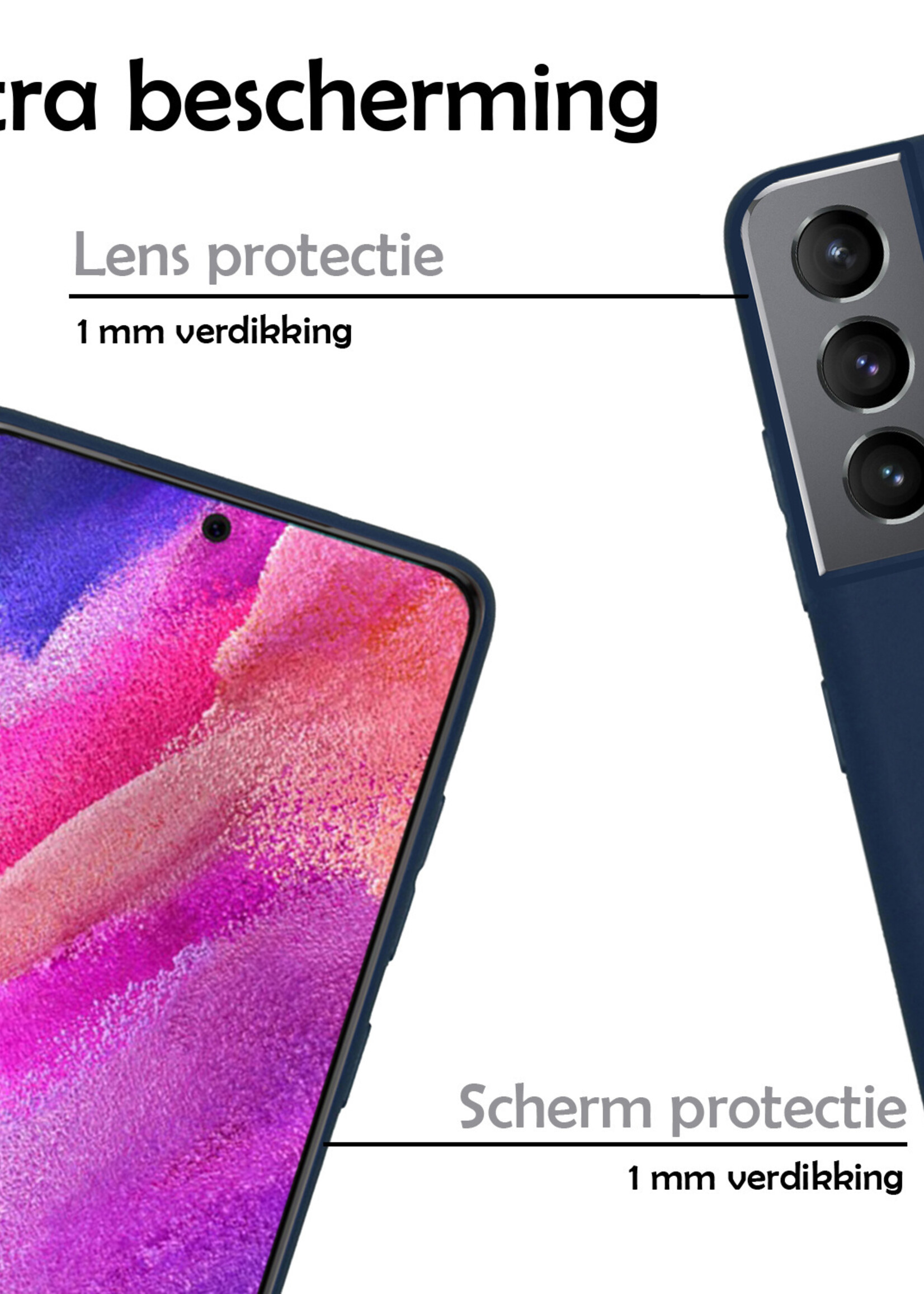 LUQ Hoesje Geschikt voor Samsung S21 FE Hoesje Siliconen Case Met Screenprotector - Hoes Geschikt voor Samsung Galaxy S21 FE Hoes Siliconen - Donkerblauw