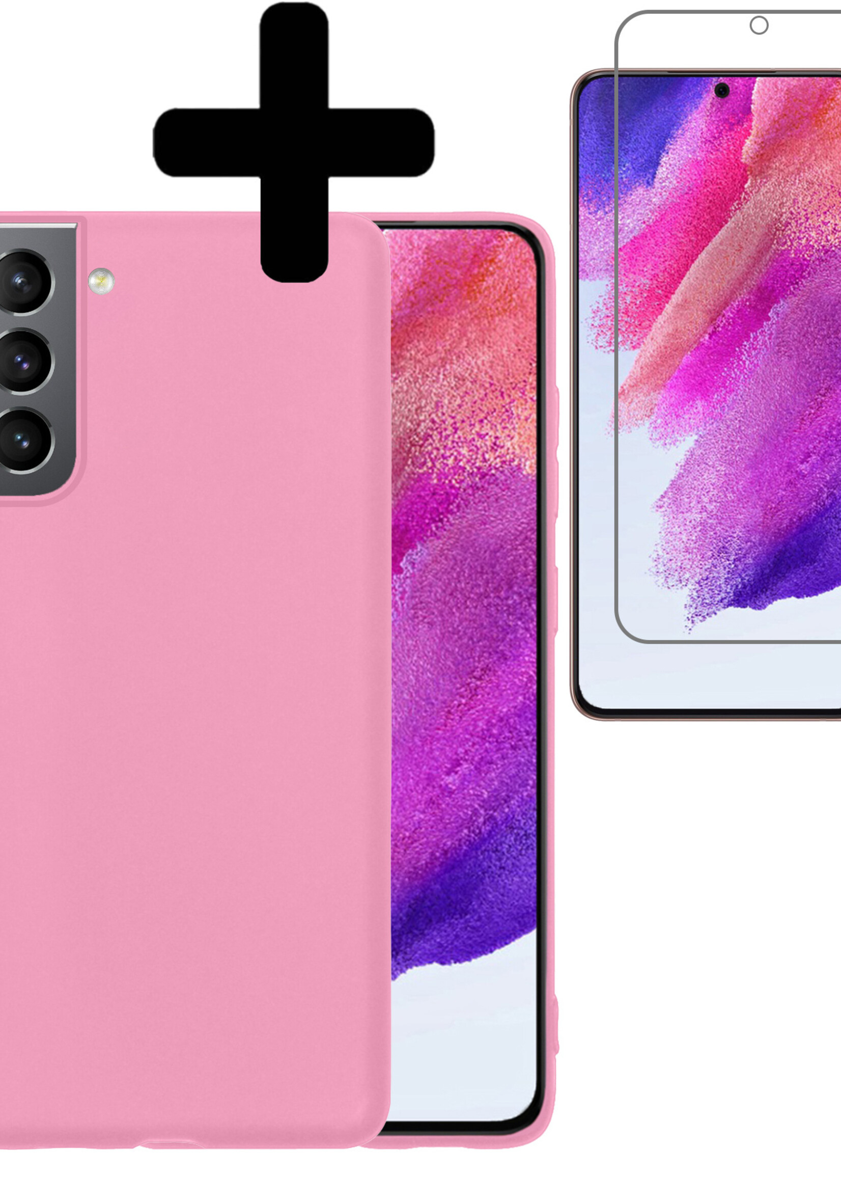 LUQ Hoesje Geschikt voor Samsung S21 FE Hoesje Siliconen Case Met Screenprotector - Hoes Geschikt voor Samsung Galaxy S21 FE Hoes Siliconen - Lichtroze