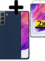 LUQ LUQ Samsung Galaxy S21FE Hoesje Siliconen Met 2x Screenprotector - Donkerblauw