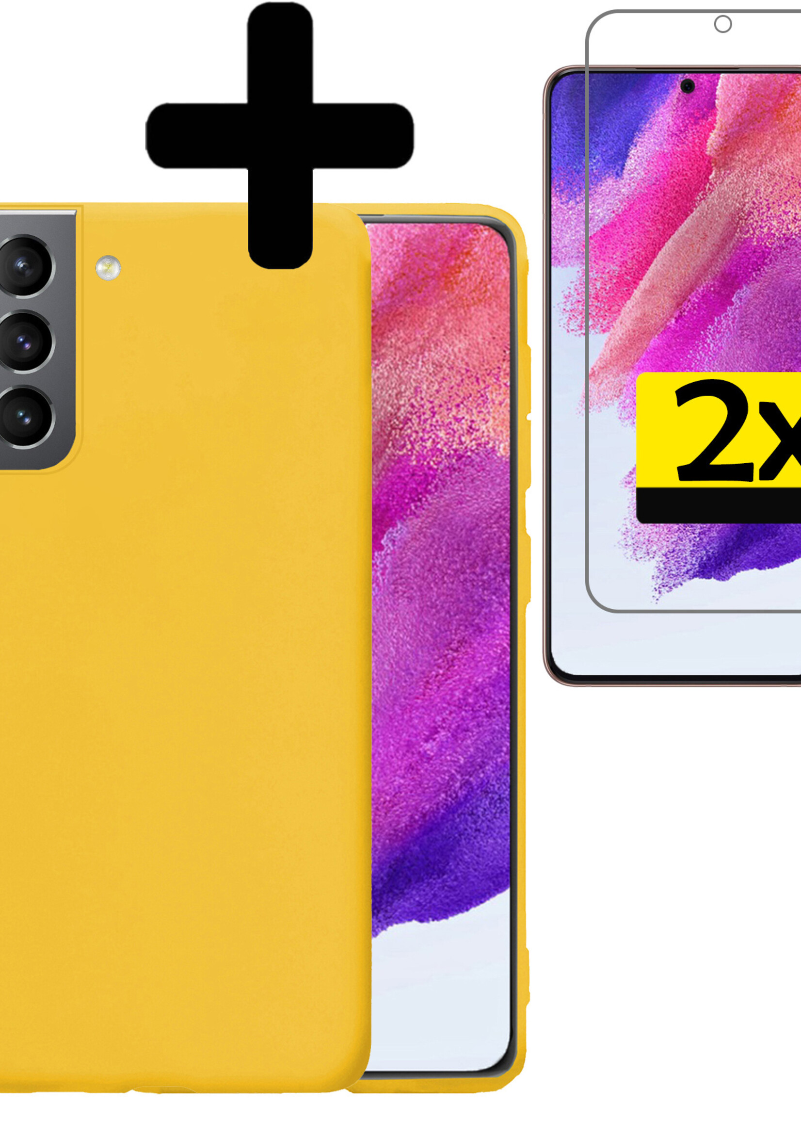 LUQ Hoesje Geschikt voor Samsung S21 FE Hoesje Siliconen Case Met 2x Screenprotector - Hoes Geschikt voor Samsung Galaxy S21 FE Hoes Siliconen - Geel