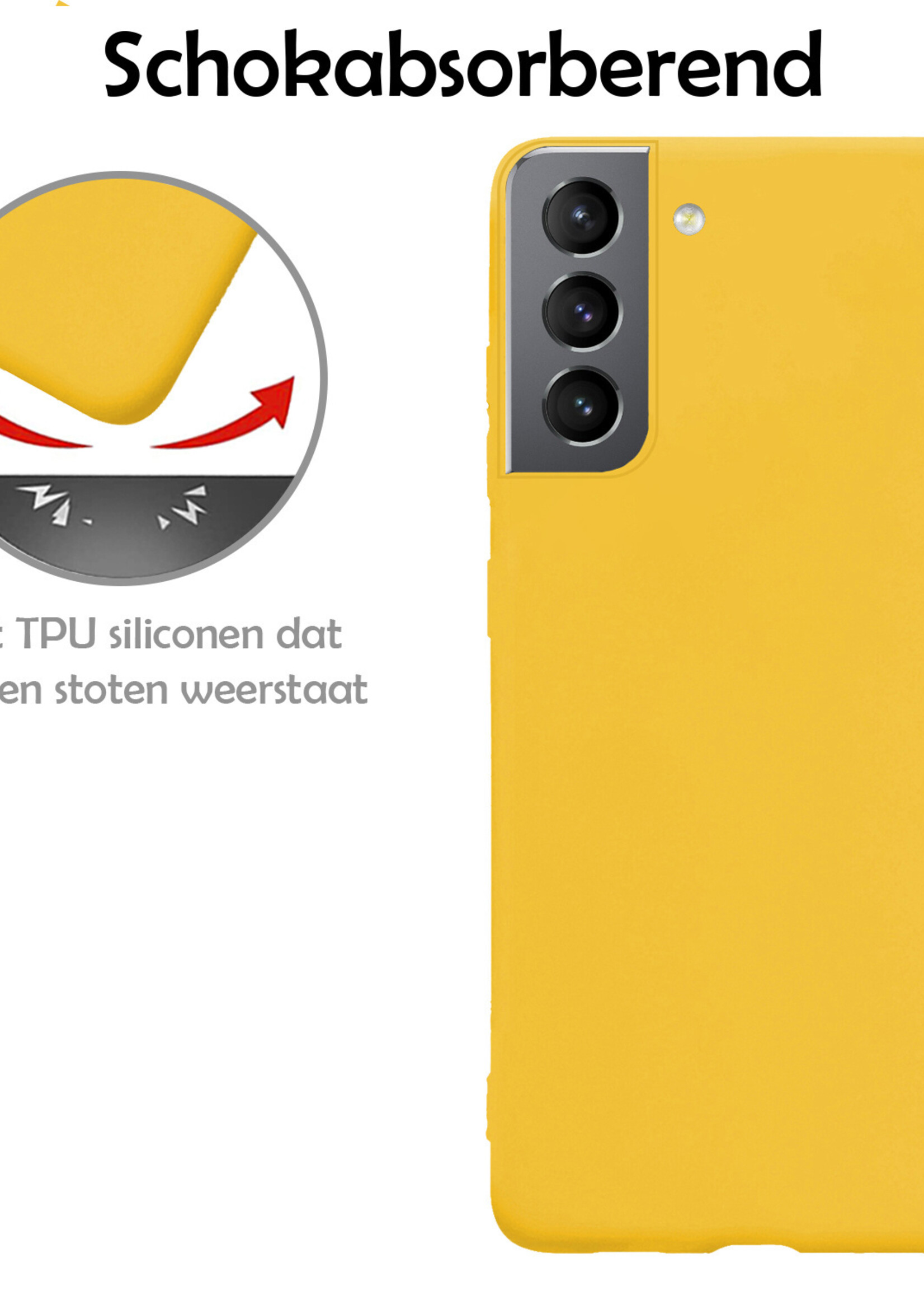 LUQ Hoesje Geschikt voor Samsung S21 FE Hoesje Siliconen Case Met 2x Screenprotector - Hoes Geschikt voor Samsung Galaxy S21 FE Hoes Siliconen - Geel