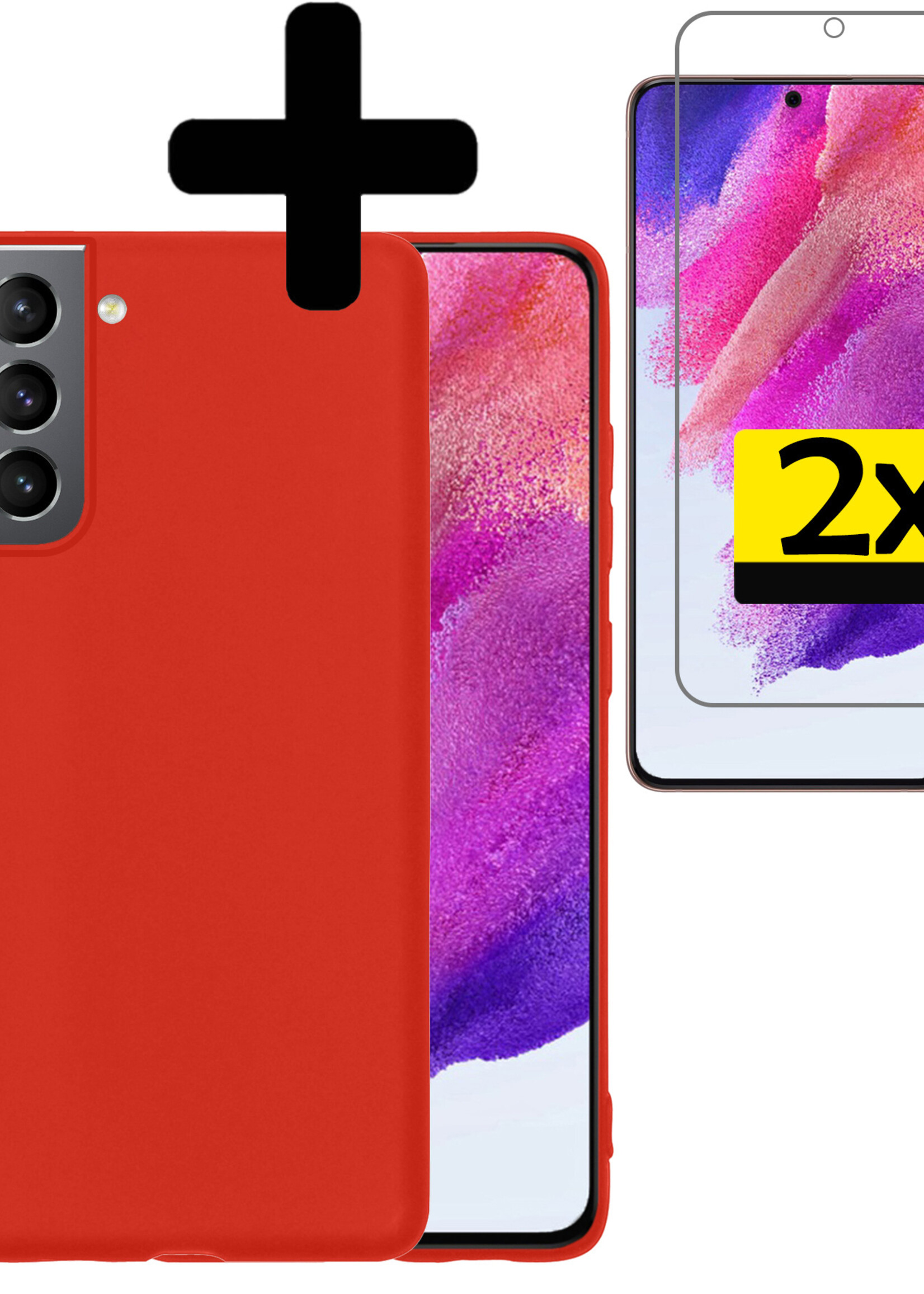 LUQ Hoesje Geschikt voor Samsung S21 FE Hoesje Siliconen Case Met 2x Screenprotector - Hoes Geschikt voor Samsung Galaxy S21 FE Hoes Siliconen - Rood