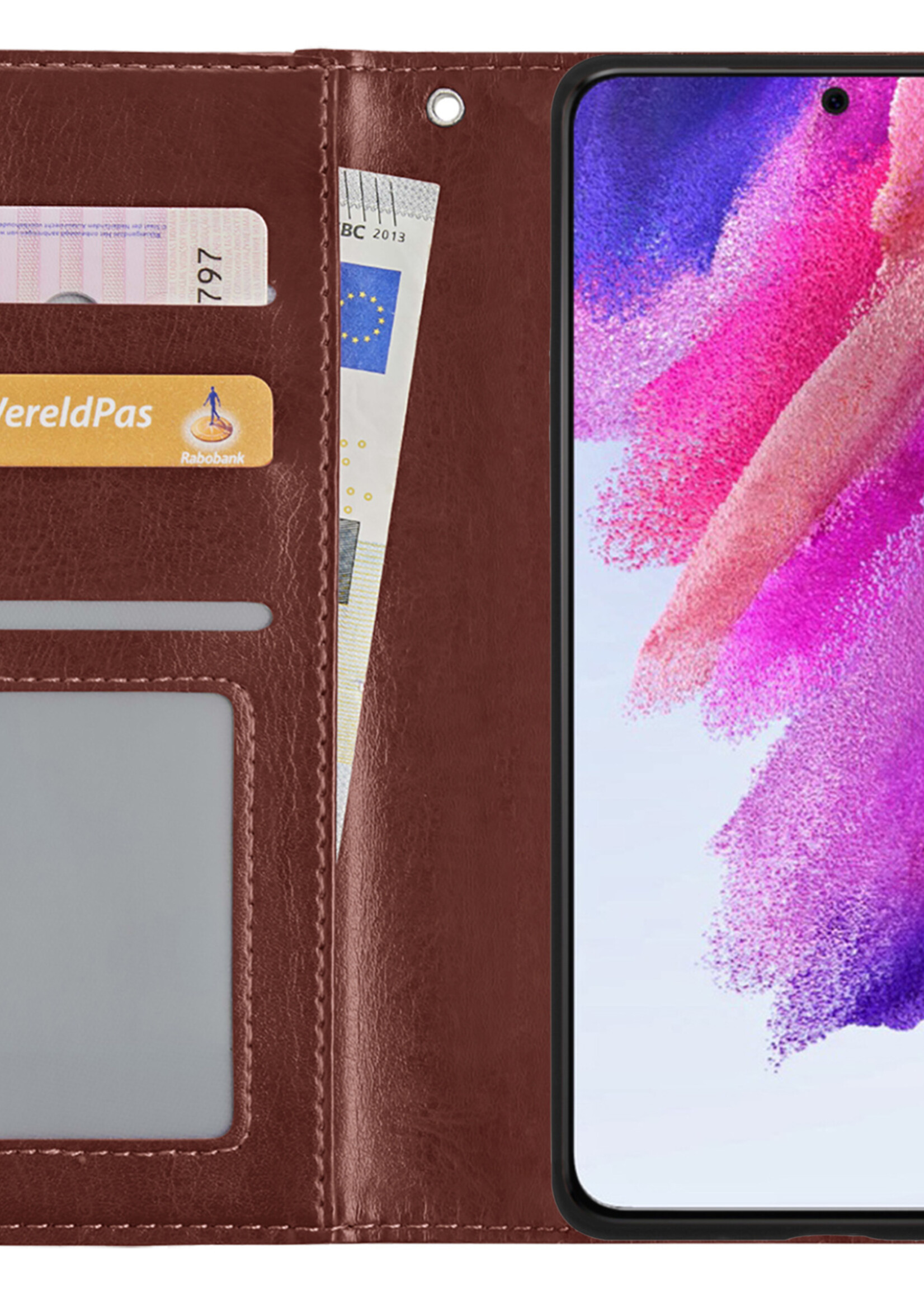 Hoesje Geschikt voor Samsung S21 FE Hoesje Book Case Hoes Wallet Cover Met Screenprotector - Hoes Geschikt voor Samsung Galaxy S21 FE Hoesje Bookcase Hoes - Bruin