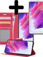 LUQ Samsung Galaxy S21FE Hoesje Bookcase Donkerroze Met Screenprotector