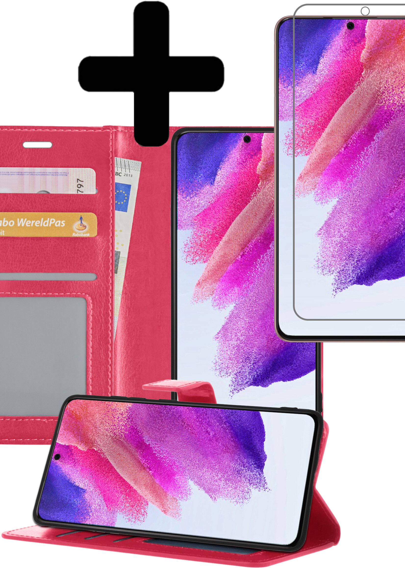 LUQ Hoesje Geschikt voor Samsung S21 FE Hoesje Book Case Hoes Wallet Cover Met Screenprotector - Hoes Geschikt voor Samsung Galaxy S21 FE Hoesje Bookcase Hoes - Donkerroze