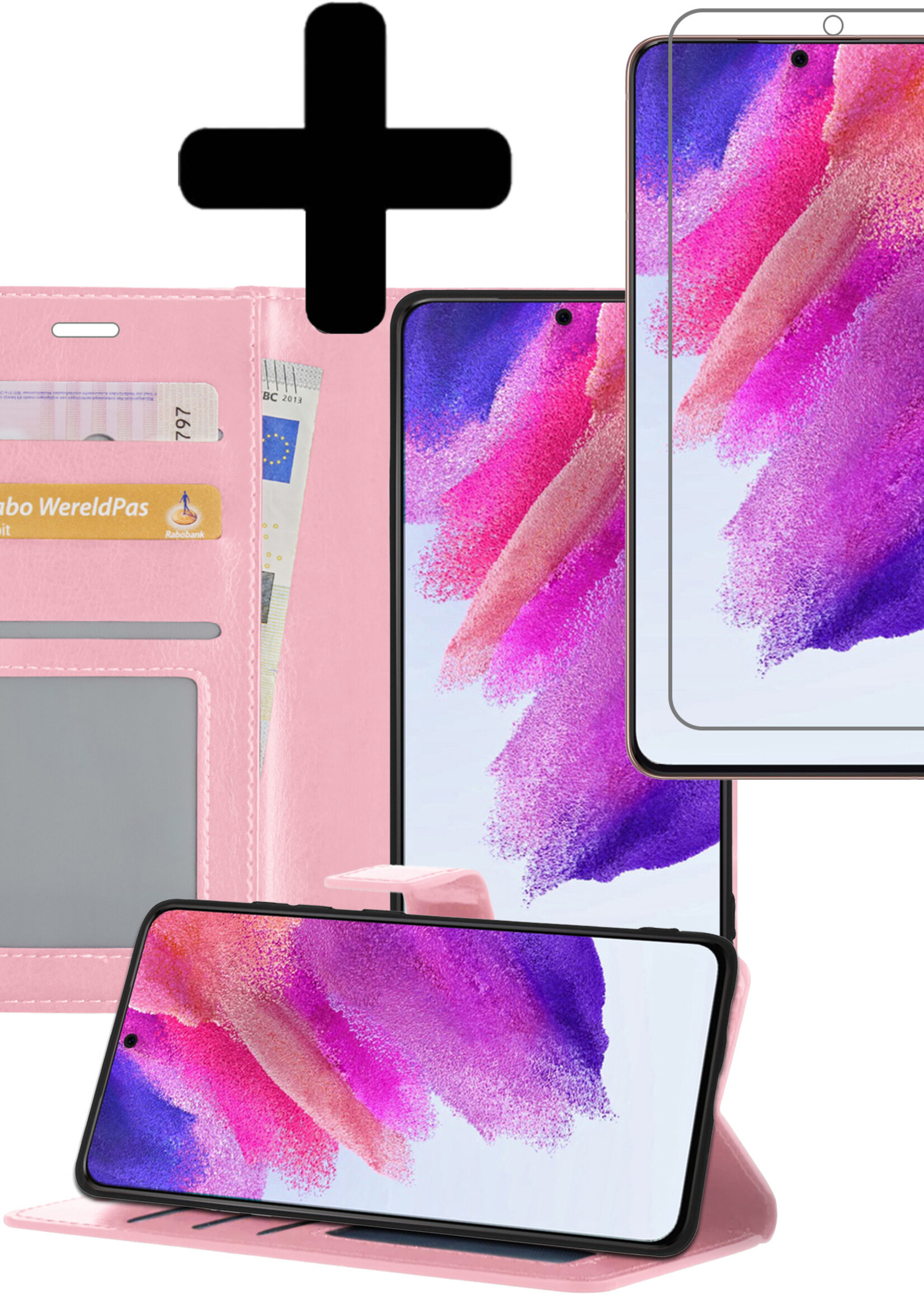 LUQ Hoesje Geschikt voor Samsung S21 FE Hoesje Book Case Hoes Wallet Cover Met Screenprotector - Hoes Geschikt voor Samsung Galaxy S21 FE Hoesje Bookcase Hoes - Lichtroze