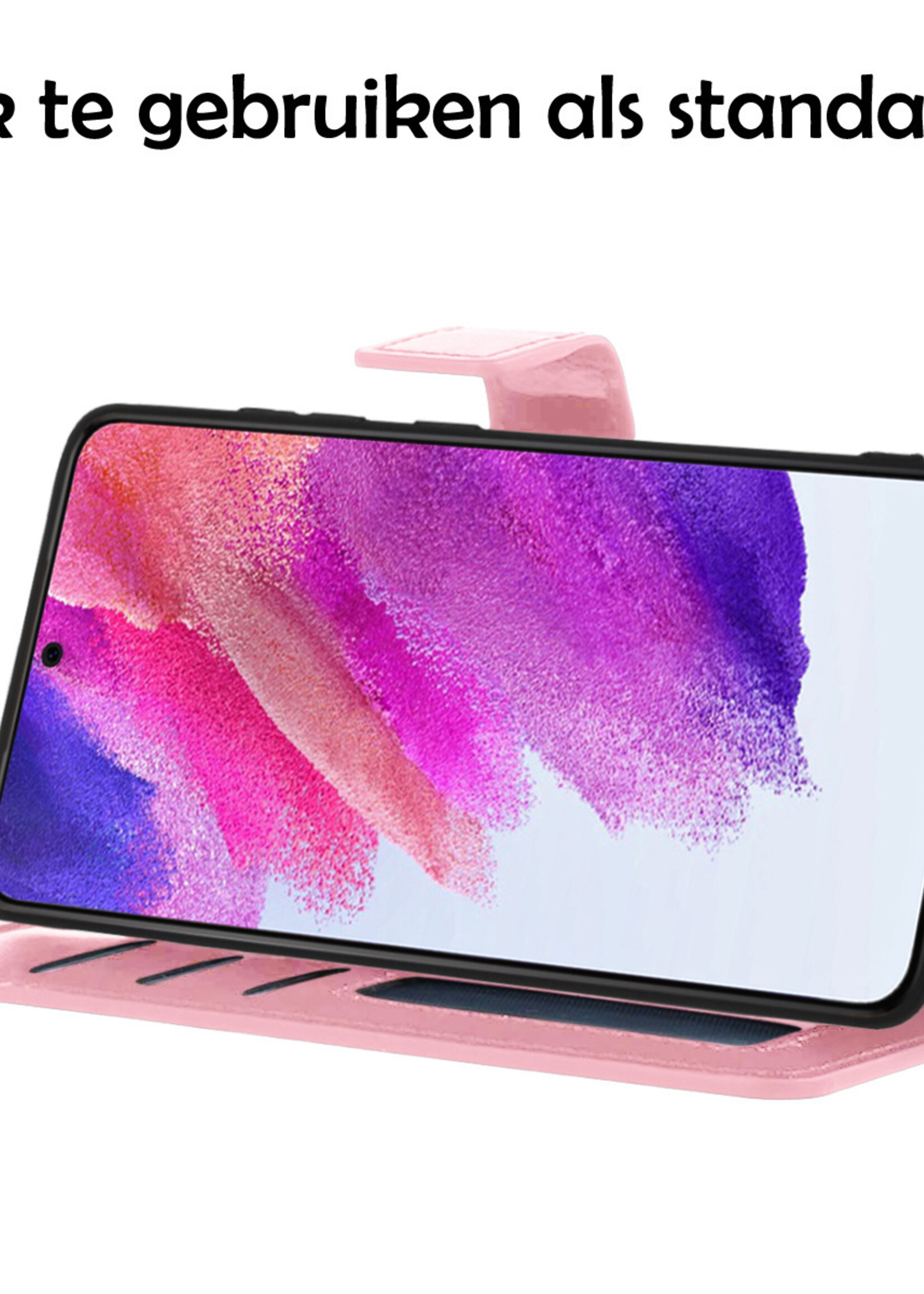 LUQ Hoesje Geschikt voor Samsung S21 FE Hoesje Book Case Hoes Wallet Cover Met Screenprotector - Hoes Geschikt voor Samsung Galaxy S21 FE Hoesje Bookcase Hoes - Lichtroze