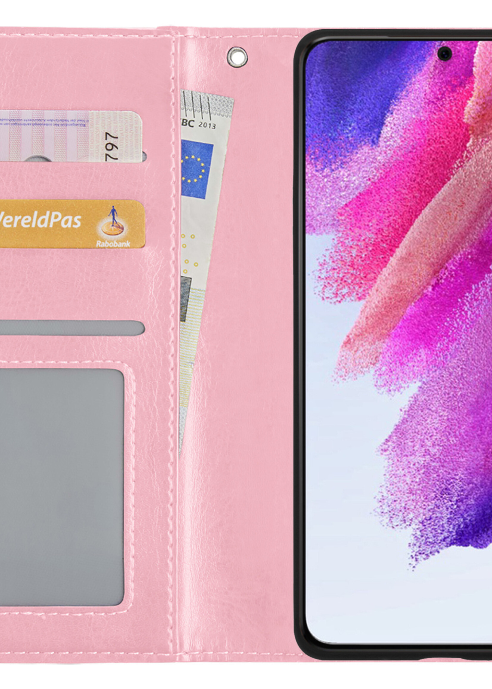 LUQ Hoesje Geschikt voor Samsung S21 FE Hoesje Book Case Hoes Wallet Cover Met Screenprotector - Hoes Geschikt voor Samsung Galaxy S21 FE Hoesje Bookcase Hoes - Lichtroze