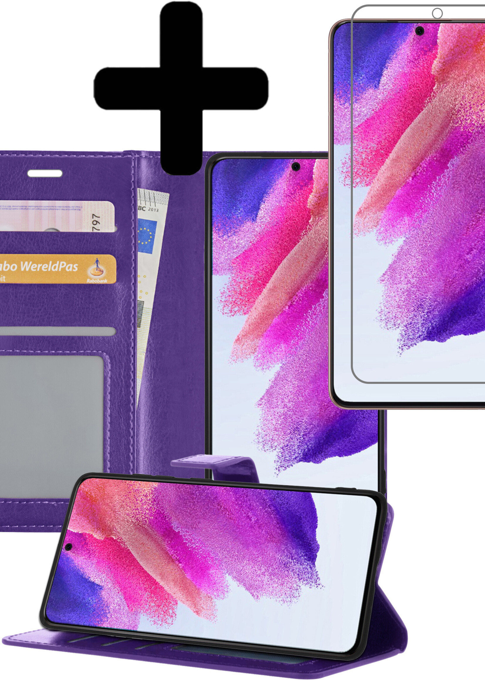 LUQ Hoesje Geschikt voor Samsung S21 FE Hoesje Book Case Hoes Wallet Cover Met Screenprotector - Hoes Geschikt voor Samsung Galaxy S21 FE Hoesje Bookcase Hoes - Paars