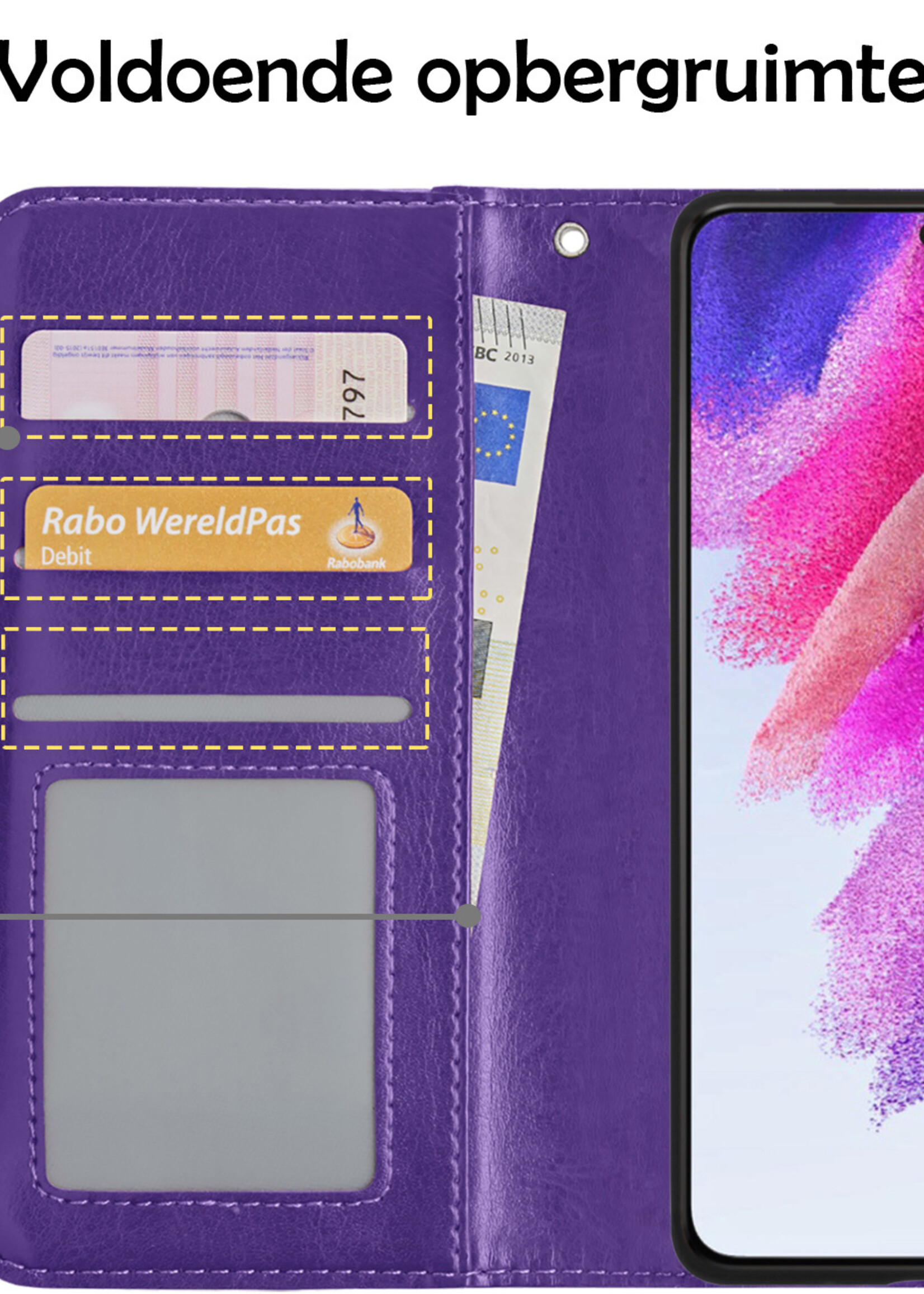 LUQ Hoesje Geschikt voor Samsung S21 FE Hoesje Book Case Hoes Wallet Cover Met Screenprotector - Hoes Geschikt voor Samsung Galaxy S21 FE Hoesje Bookcase Hoes - Paars