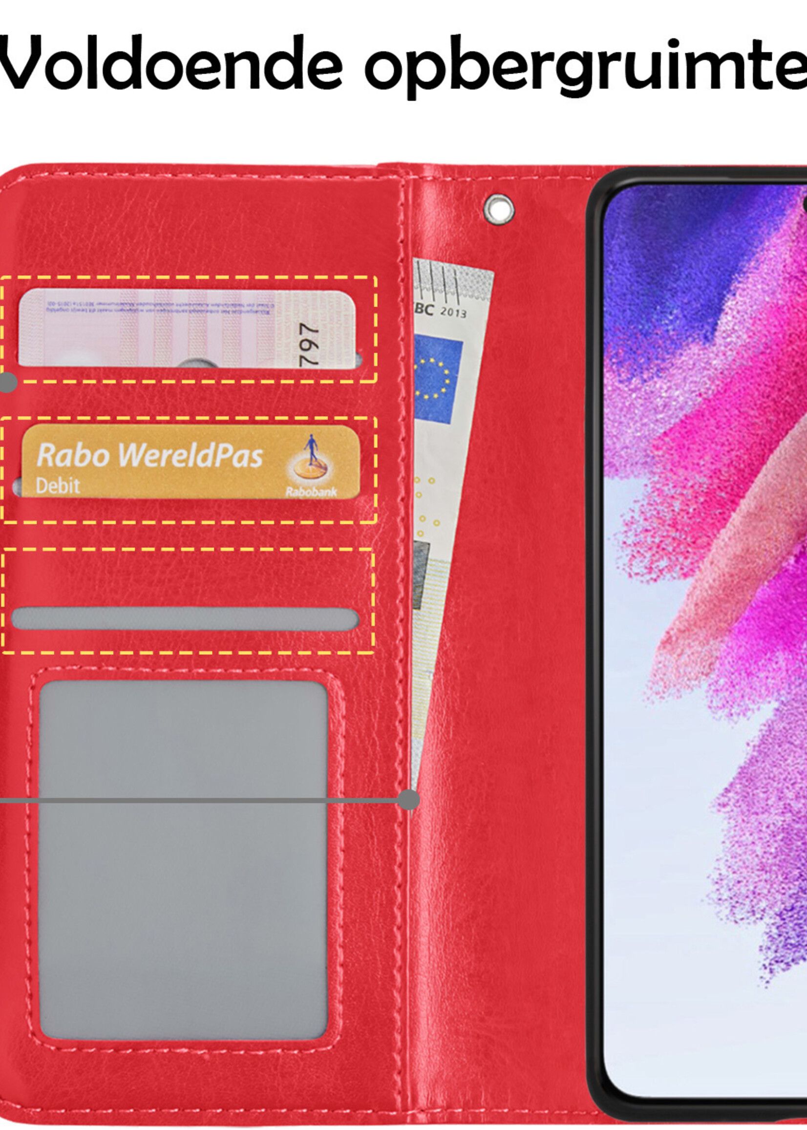 LUQ Hoesje Geschikt voor Samsung S21 FE Hoesje Book Case Hoes Wallet Cover Met Screenprotector - Hoes Geschikt voor Samsung Galaxy S21 FE Hoesje Bookcase Hoes - Rood