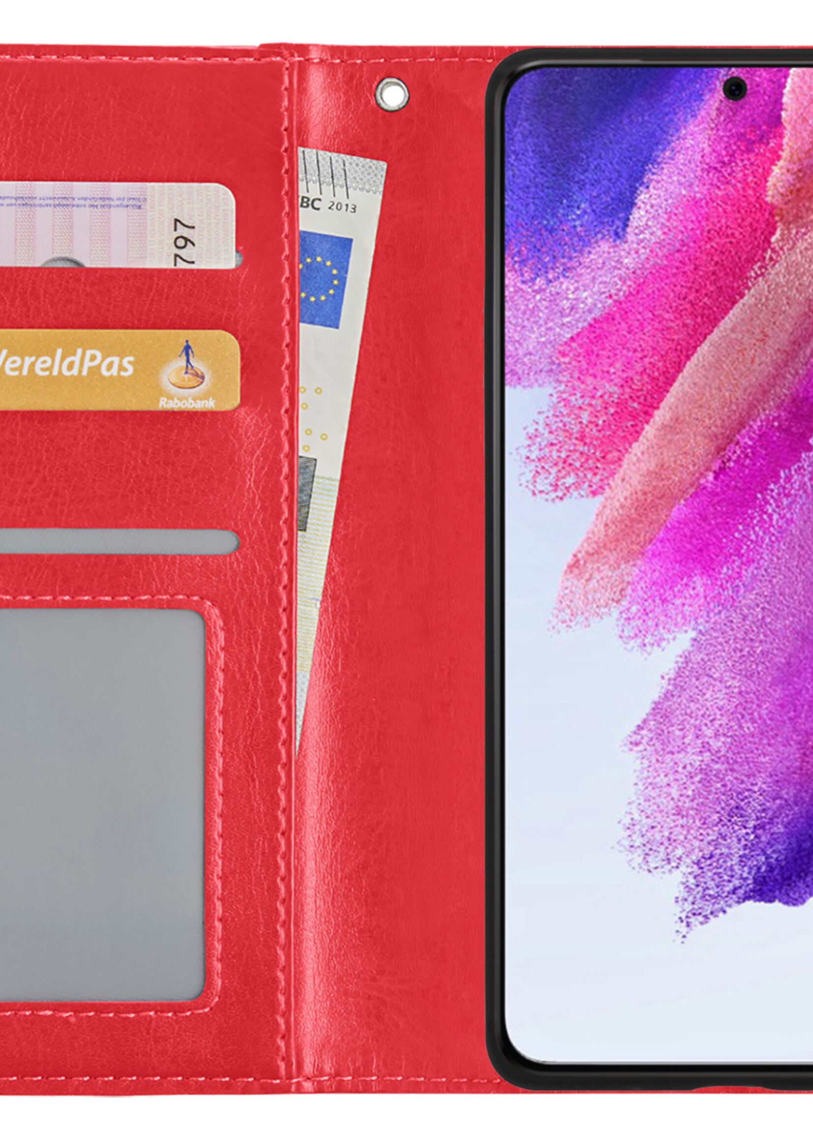 LUQ Hoesje Geschikt voor Samsung S21 FE Hoesje Book Case Hoes Wallet Cover Met Screenprotector - Hoes Geschikt voor Samsung Galaxy S21 FE Hoesje Bookcase Hoes - Rood