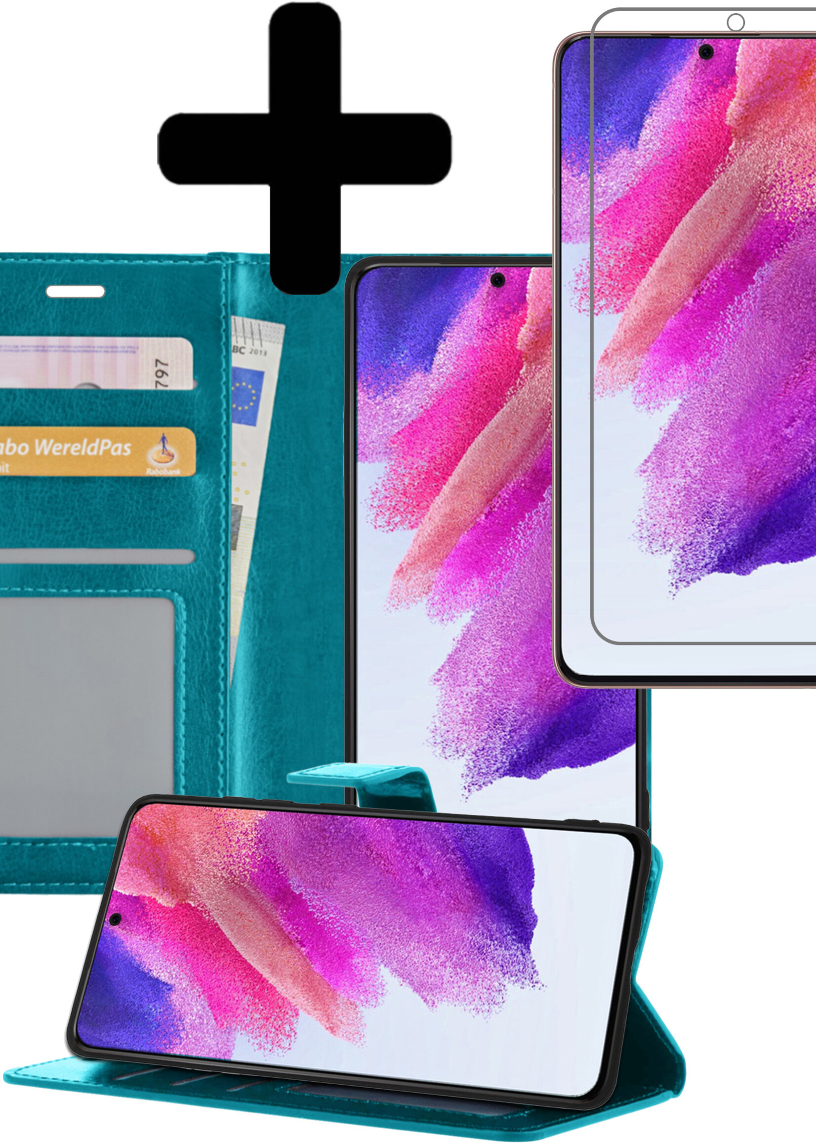 LUQ Hoesje Geschikt voor Samsung S21 FE Hoesje Book Case Hoes Wallet Cover Met Screenprotector - Hoes Geschikt voor Samsung Galaxy S21 FE Hoesje Bookcase Hoes - Turquoise