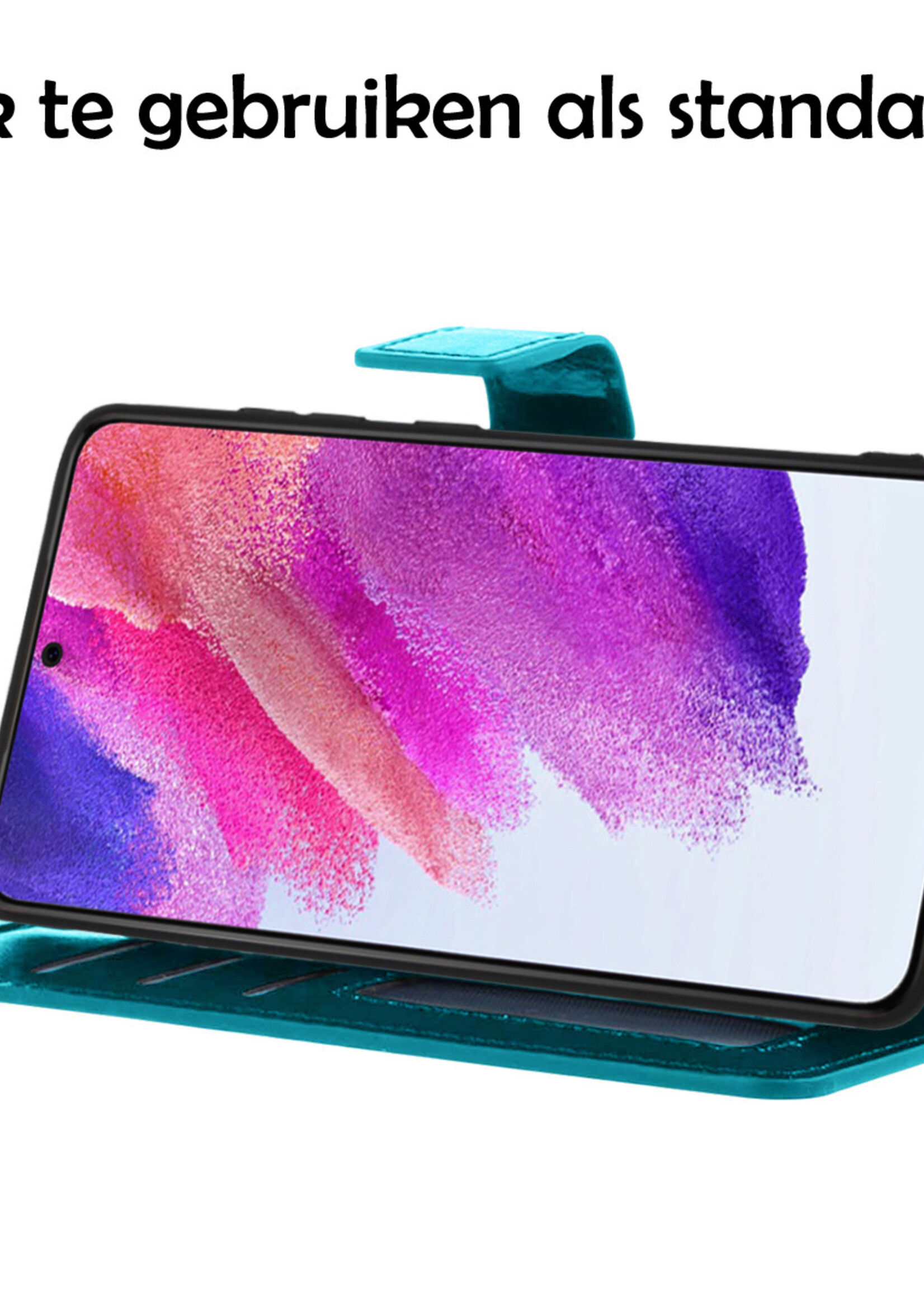 LUQ Hoesje Geschikt voor Samsung S21 FE Hoesje Book Case Hoes Wallet Cover Met Screenprotector - Hoes Geschikt voor Samsung Galaxy S21 FE Hoesje Bookcase Hoes - Turquoise
