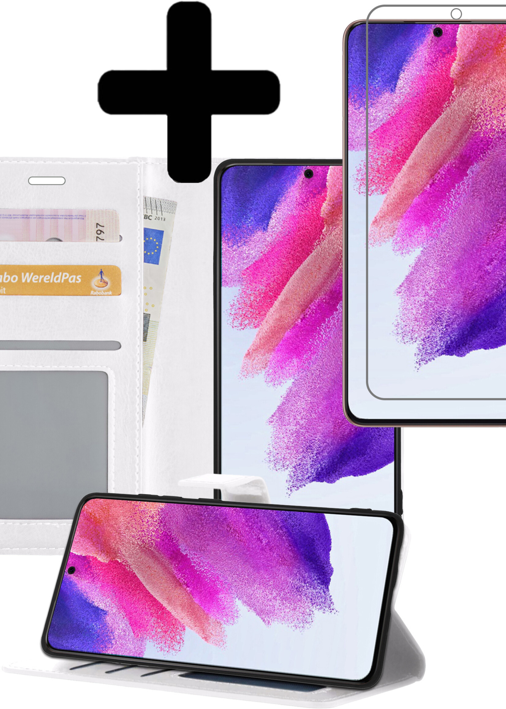 LUQ Hoesje Geschikt voor Samsung S21 FE Hoesje Book Case Hoes Wallet Cover Met Screenprotector - Hoes Geschikt voor Samsung Galaxy S21 FE Hoesje Bookcase Hoes - Wit