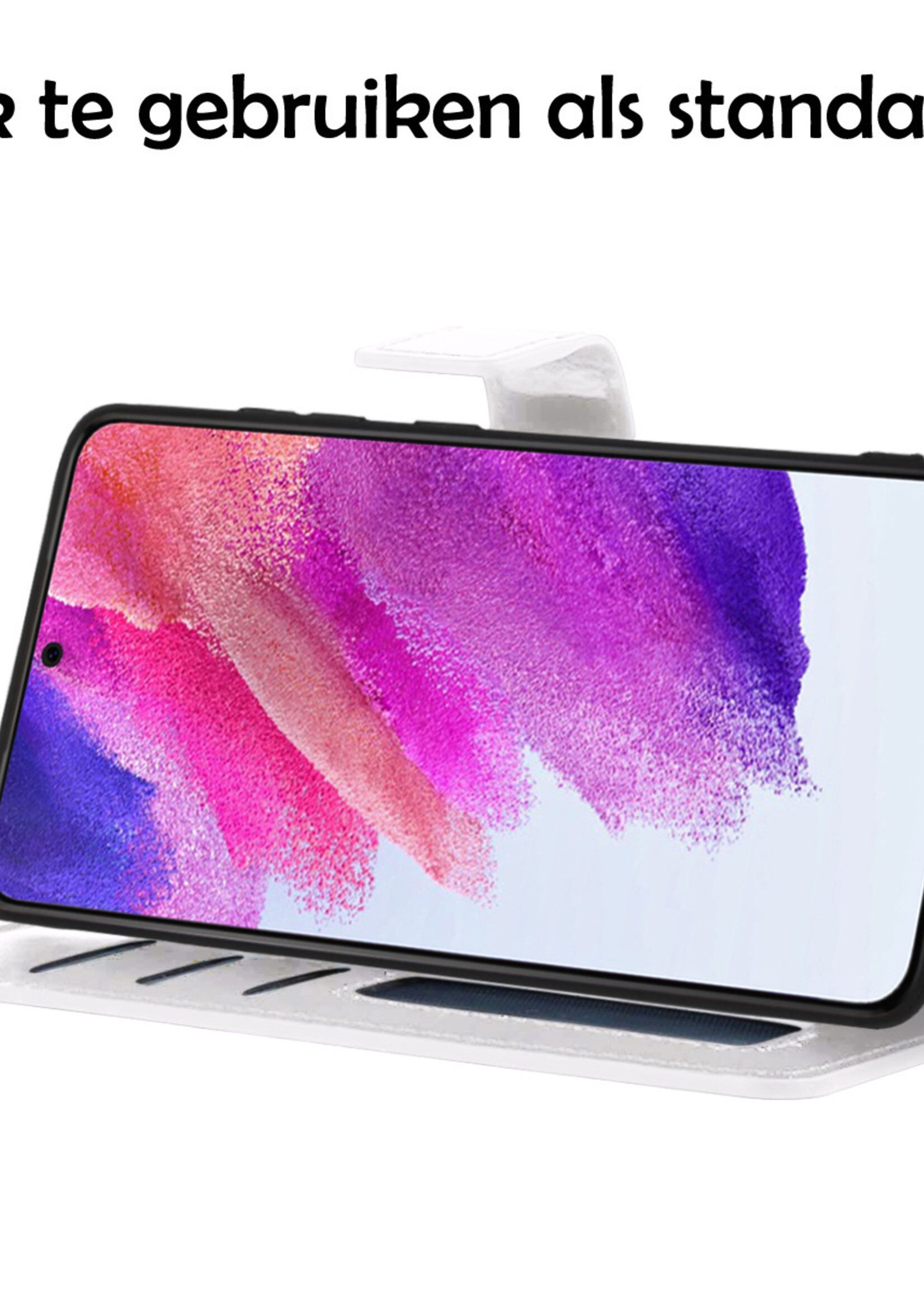 LUQ Hoesje Geschikt voor Samsung S21 FE Hoesje Book Case Hoes Wallet Cover Met Screenprotector - Hoes Geschikt voor Samsung Galaxy S21 FE Hoesje Bookcase Hoes - Wit