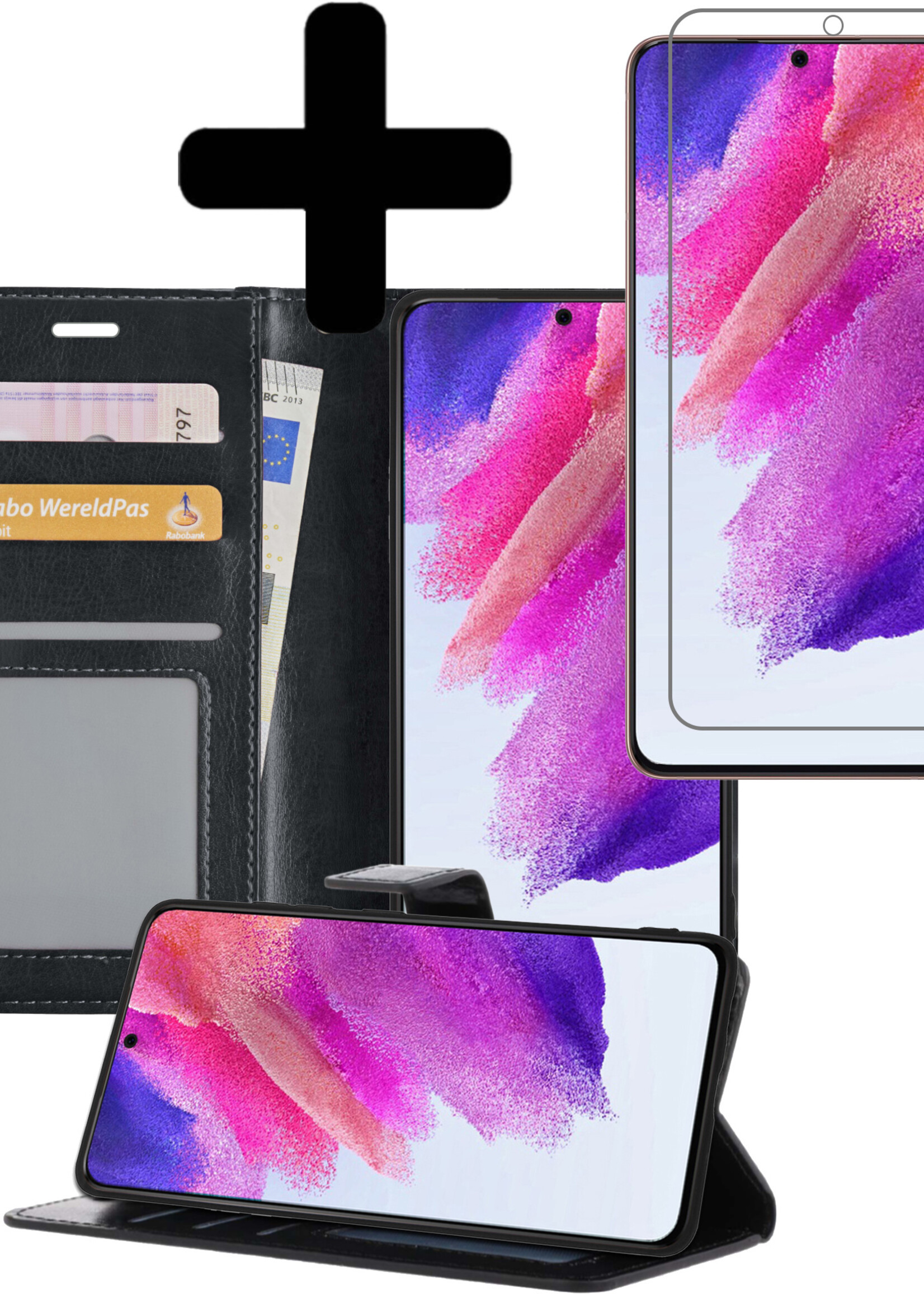 LUQ Hoesje Geschikt voor Samsung S21 FE Hoesje Book Case Hoes Wallet Cover Met Screenprotector - Hoes Geschikt voor Samsung Galaxy S21 FE Hoesje Bookcase Hoes - Zwart