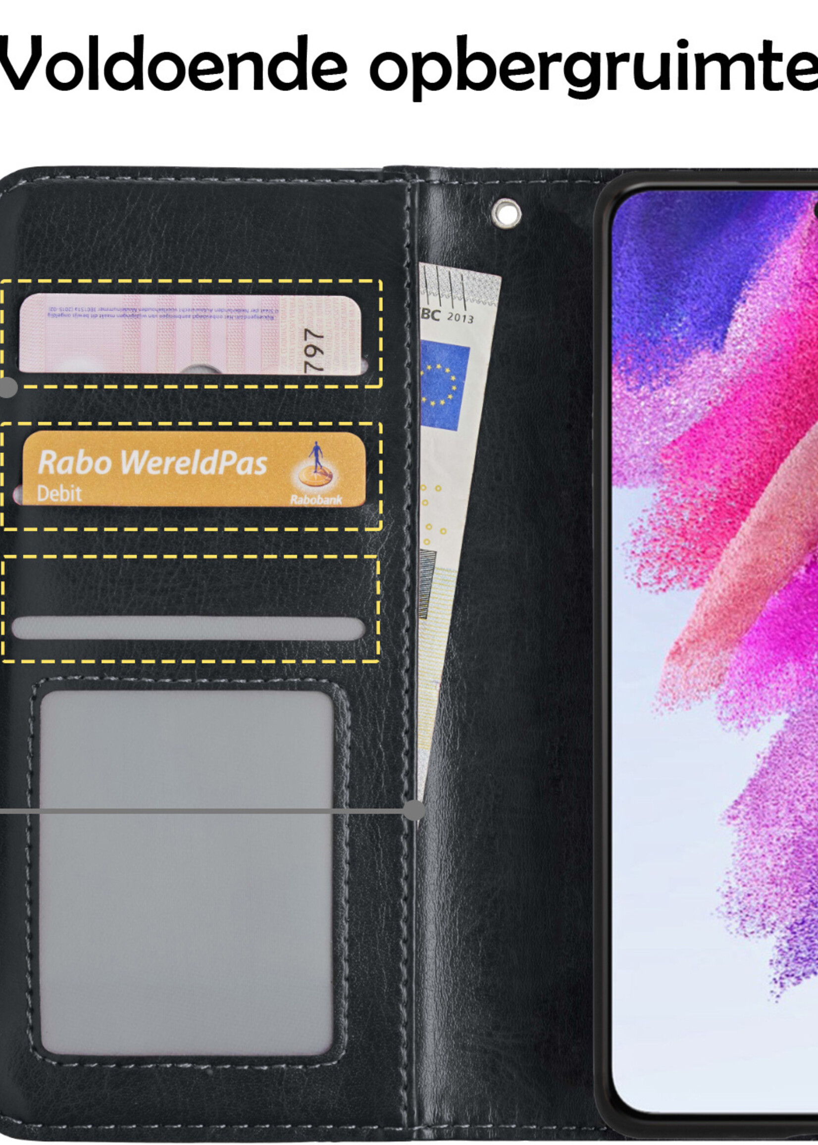 LUQ Hoesje Geschikt voor Samsung S21 FE Hoesje Book Case Hoes Wallet Cover Met Screenprotector - Hoes Geschikt voor Samsung Galaxy S21 FE Hoesje Bookcase Hoes - Zwart