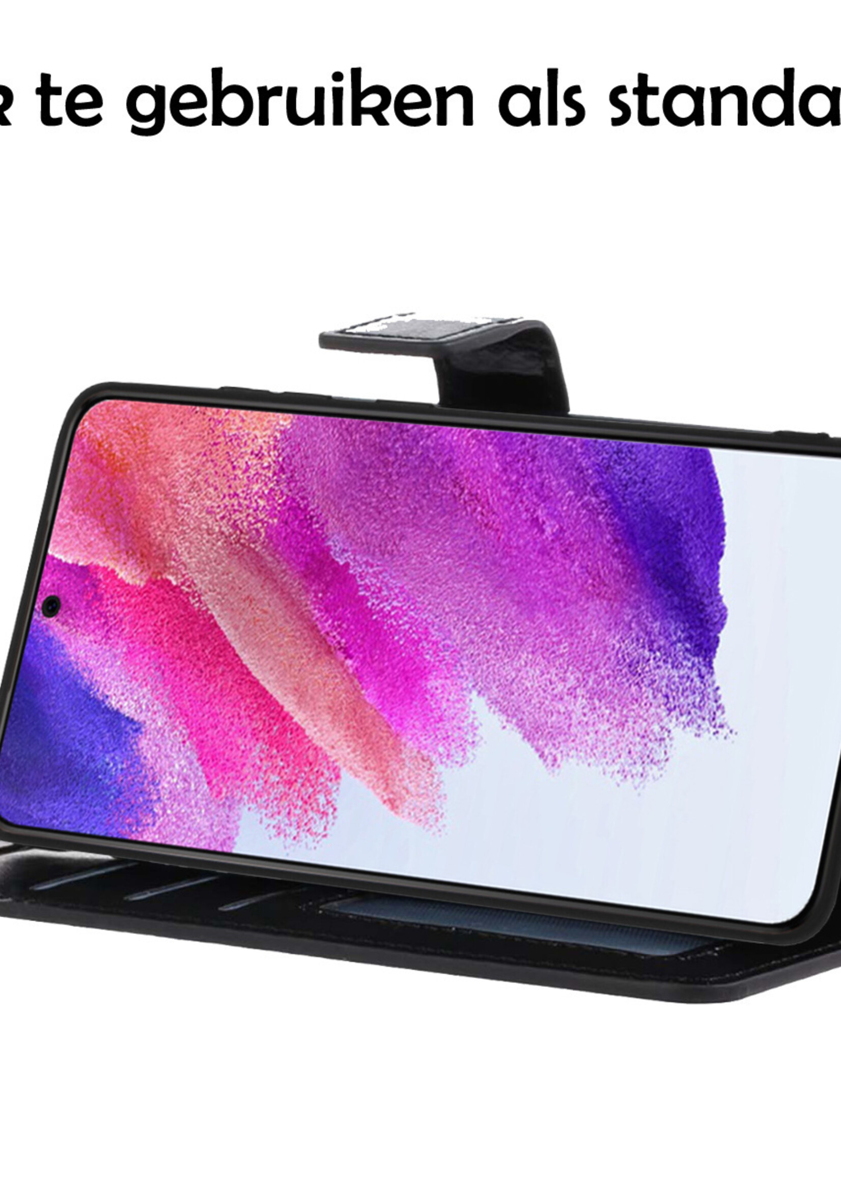 LUQ Hoesje Geschikt voor Samsung S21 FE Hoesje Book Case Hoes Wallet Cover Met Screenprotector - Hoes Geschikt voor Samsung Galaxy S21 FE Hoesje Bookcase Hoes - Zwart