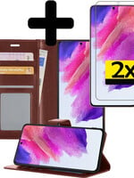 LUQ Samsung Galaxy S21FE Hoesje Bookcase Bruin Met 2x Screenprotector