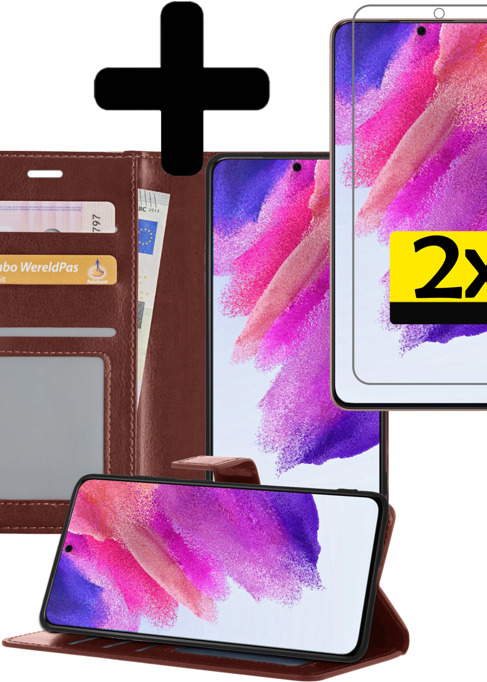 LUQ Hoesje Geschikt voor Samsung S21 FE Hoesje Book Case Hoes Wallet Cover Met 2x Screenprotector - Hoes Geschikt voor Samsung Galaxy S21 FE Hoesje Bookcase Hoes - Bruin