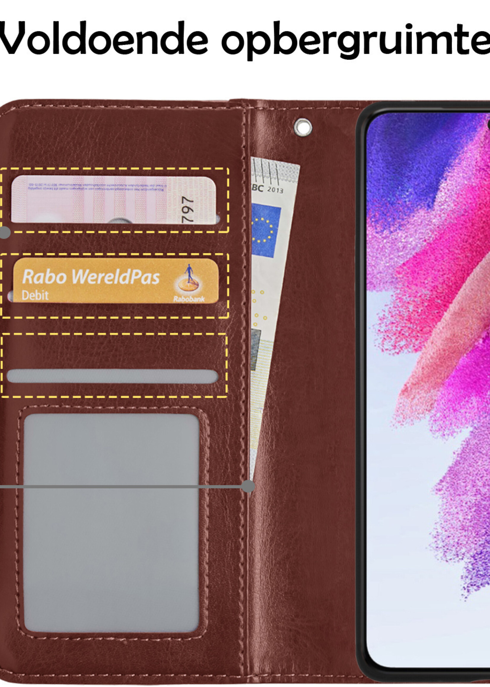 Hoesje Geschikt voor Samsung S21 FE Hoesje Book Case Hoes Wallet Cover Met 2x Screenprotector - Hoes Geschikt voor Samsung Galaxy S21 FE Hoesje Bookcase Hoes - Bruin
