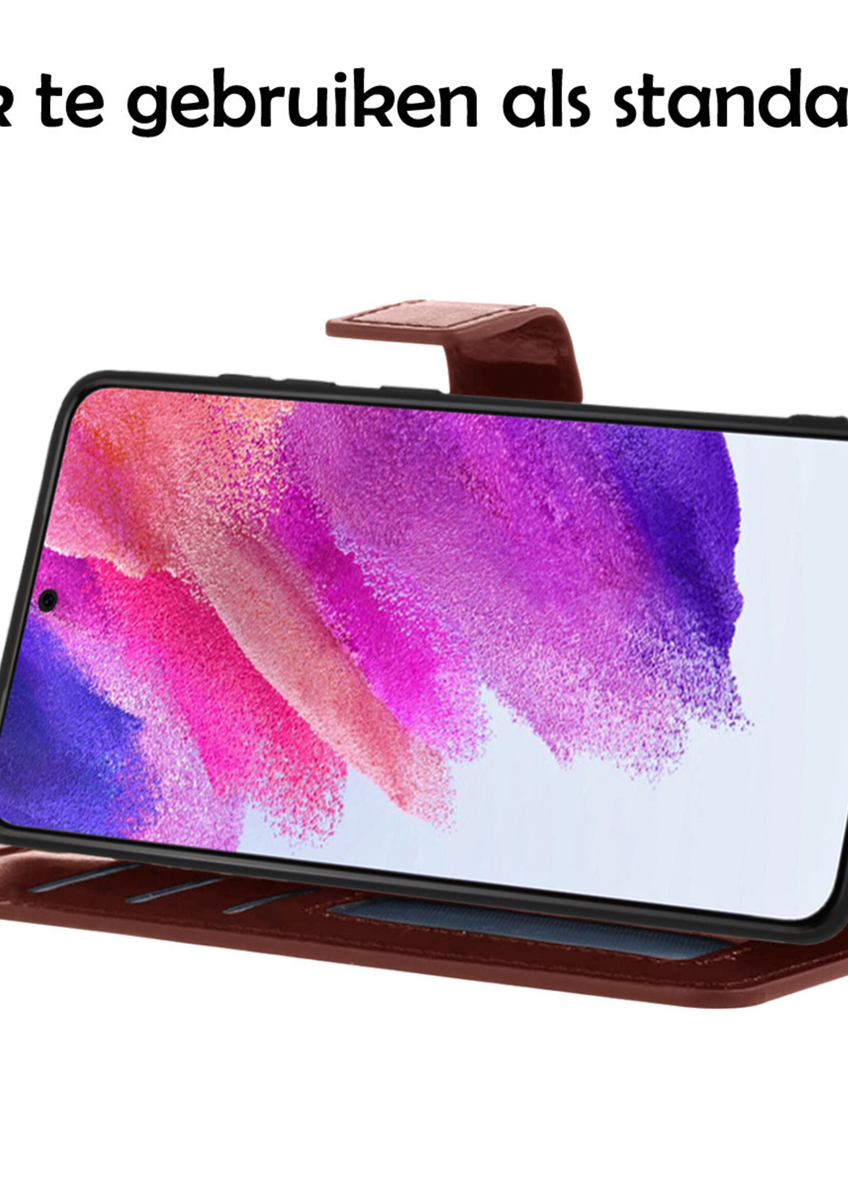 LUQ Hoesje Geschikt voor Samsung S21 FE Hoesje Book Case Hoes Wallet Cover Met 2x Screenprotector - Hoes Geschikt voor Samsung Galaxy S21 FE Hoesje Bookcase Hoes - Bruin