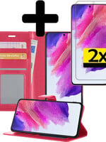LUQ Samsung Galaxy S21FE Hoesje Bookcase Donkerroze Met 2x Screenprotector