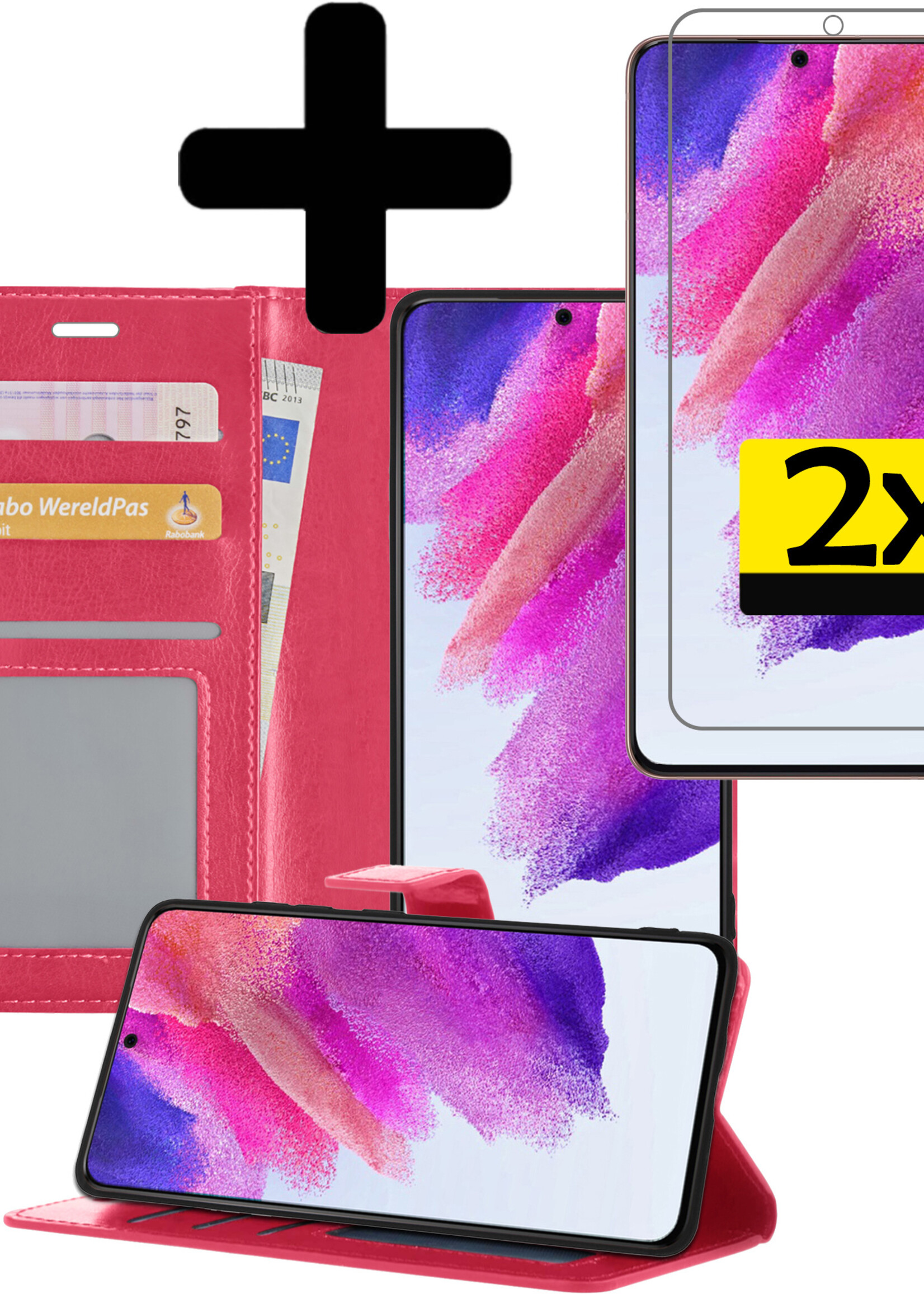 LUQ Hoesje Geschikt voor Samsung S21 FE Hoesje Book Case Hoes Wallet Cover Met 2x Screenprotector - Hoes Geschikt voor Samsung Galaxy S21 FE Hoesje Bookcase Hoes - Donkerroze