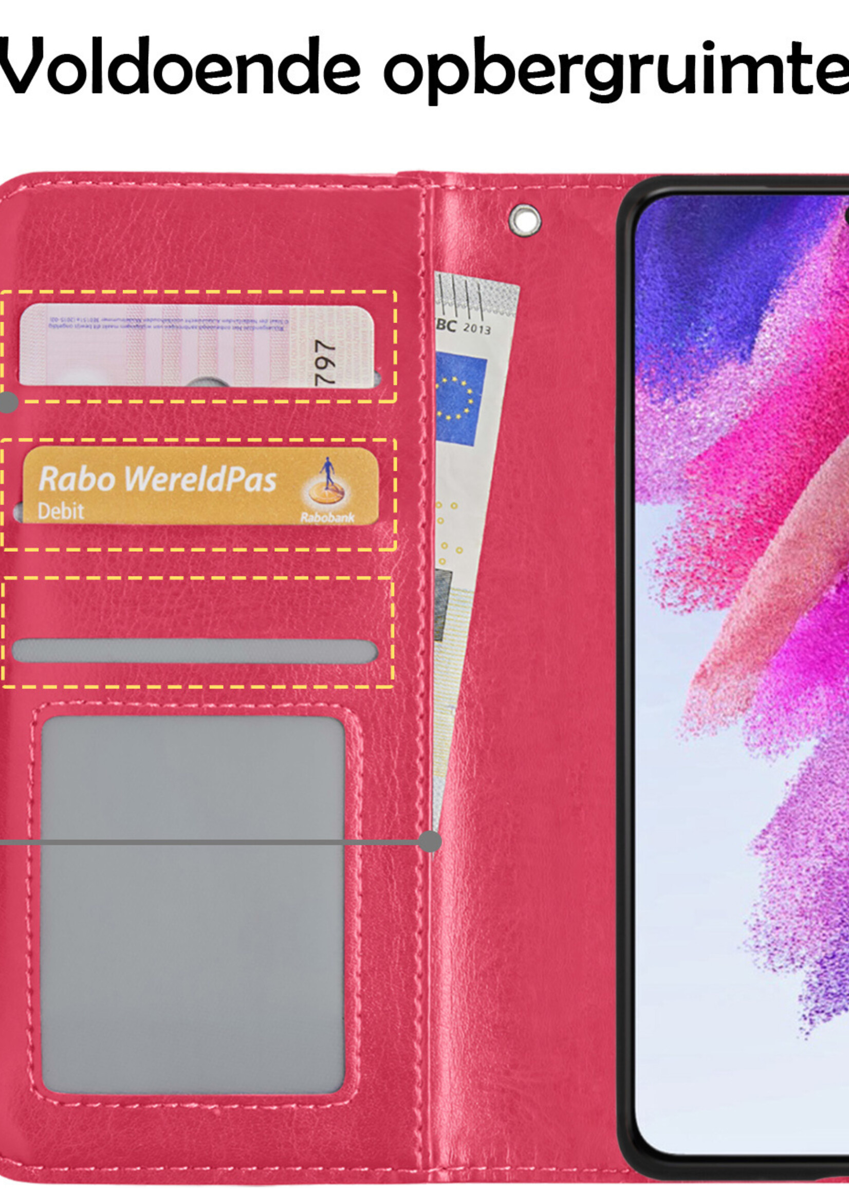 LUQ Hoesje Geschikt voor Samsung S21 FE Hoesje Book Case Hoes Wallet Cover Met 2x Screenprotector - Hoes Geschikt voor Samsung Galaxy S21 FE Hoesje Bookcase Hoes - Donkerroze