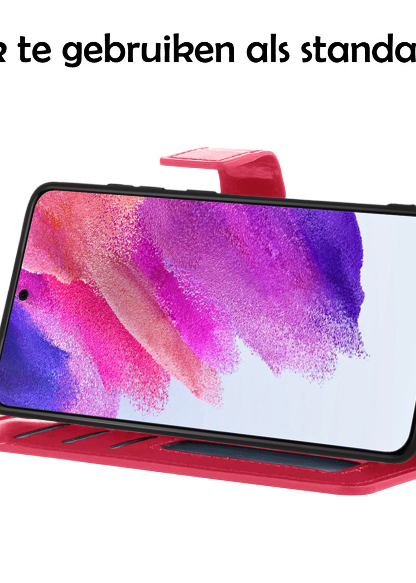 LUQ Hoesje Geschikt voor Samsung S21 FE Hoesje Book Case Hoes Wallet Cover Met 2x Screenprotector - Hoes Geschikt voor Samsung Galaxy S21 FE Hoesje Bookcase Hoes - Donkerroze