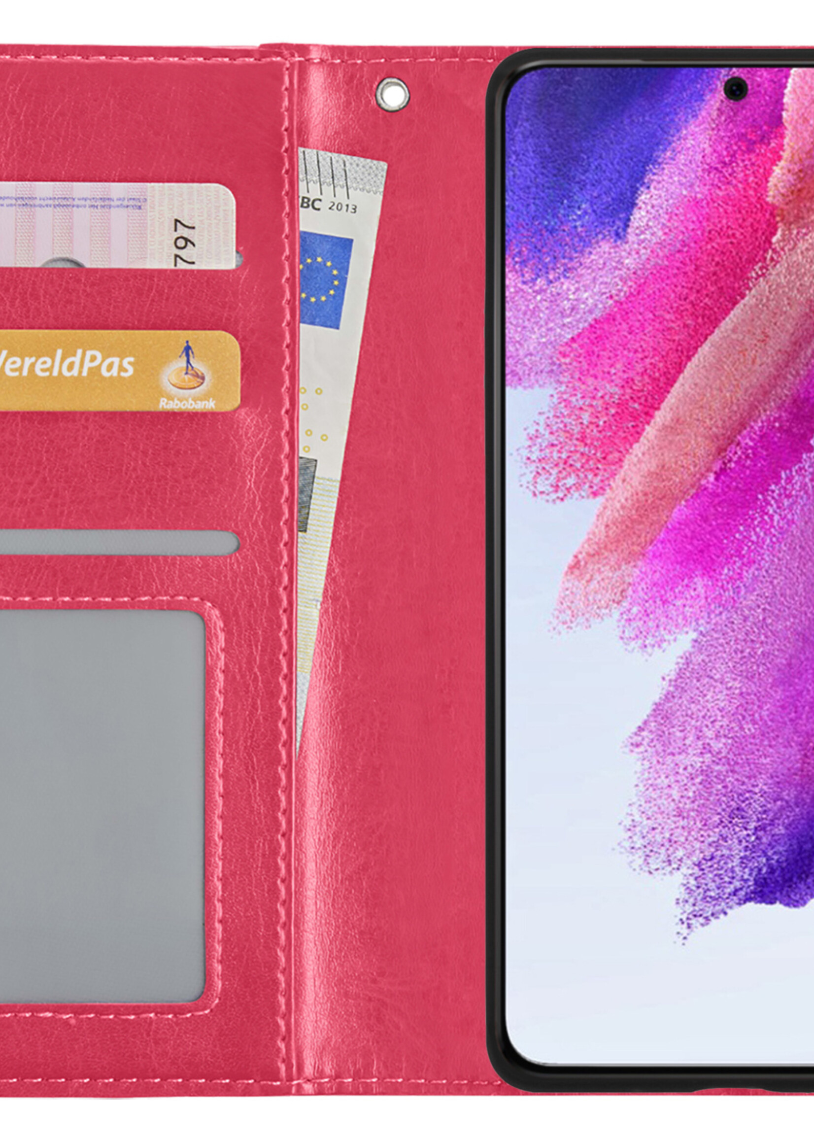 LUQ Hoesje Geschikt voor Samsung S21 FE Hoesje Book Case Hoes Wallet Cover Met 2x Screenprotector - Hoes Geschikt voor Samsung Galaxy S21 FE Hoesje Bookcase Hoes - Donkerroze