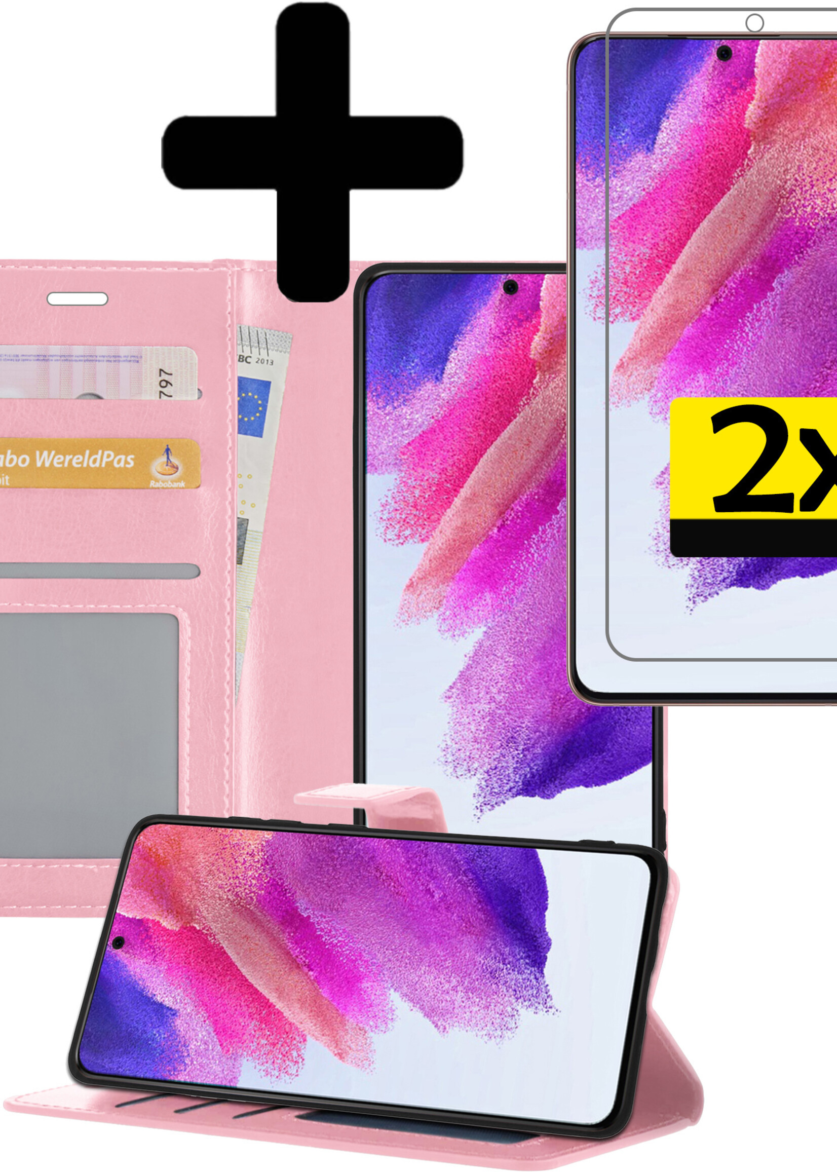 LUQ Hoesje Geschikt voor Samsung S21 FE Hoesje Book Case Hoes Wallet Cover Met 2x Screenprotector - Hoes Geschikt voor Samsung Galaxy S21 FE Hoesje Bookcase Hoes - Lichtroze