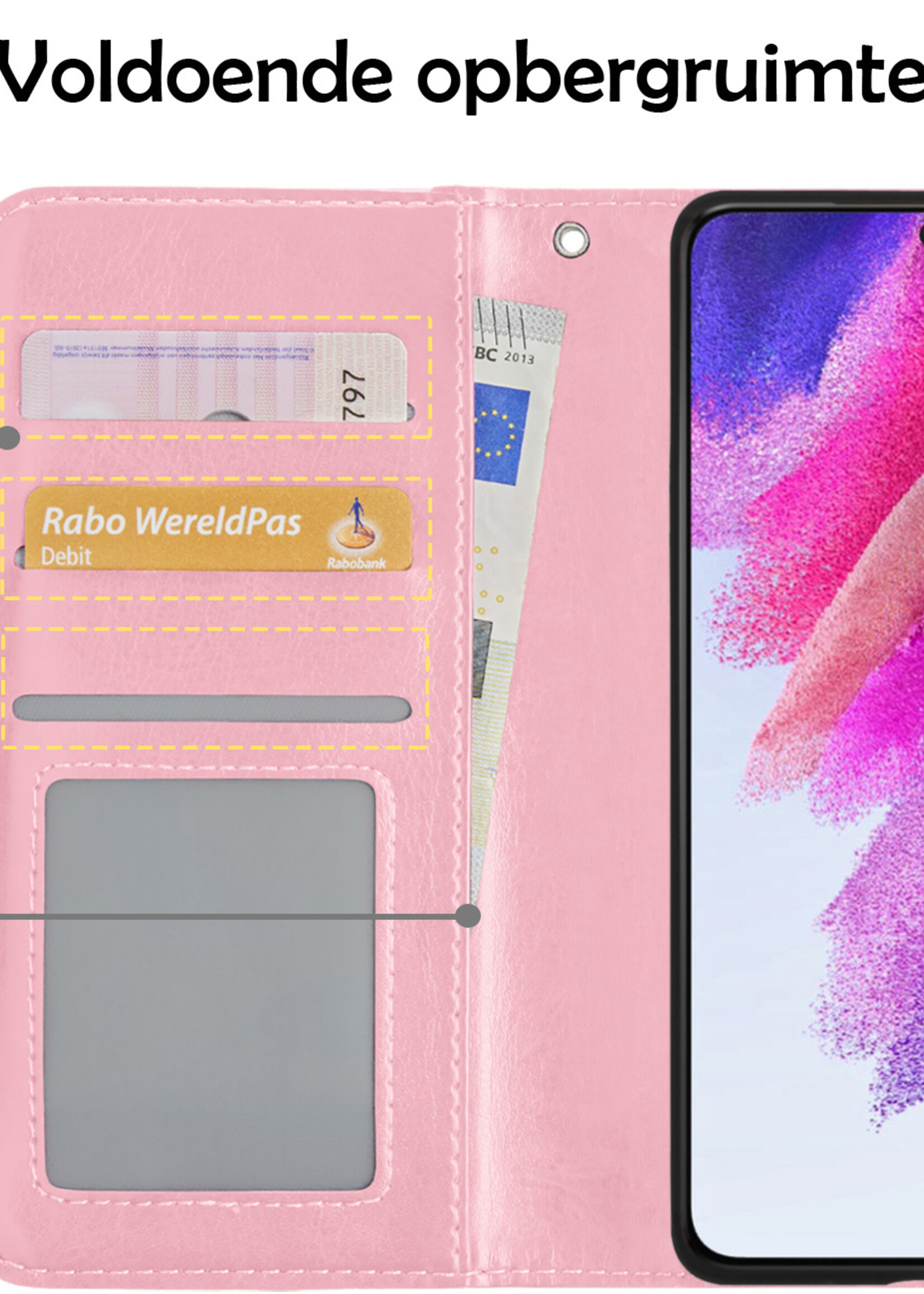 LUQ Hoesje Geschikt voor Samsung S21 FE Hoesje Book Case Hoes Wallet Cover Met 2x Screenprotector - Hoes Geschikt voor Samsung Galaxy S21 FE Hoesje Bookcase Hoes - Lichtroze