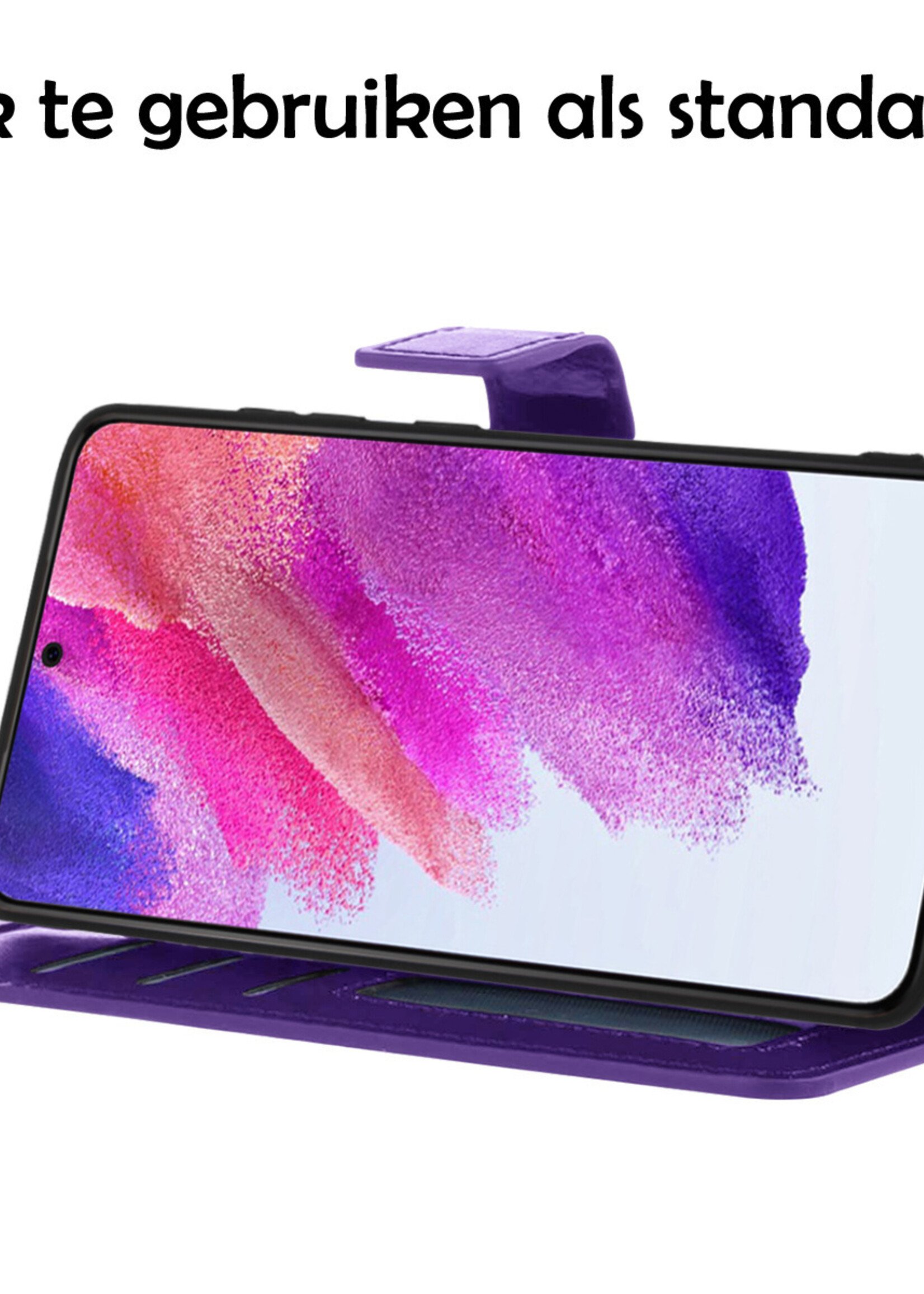 LUQ Hoesje Geschikt voor Samsung S21 FE Hoesje Book Case Hoes Wallet Cover Met 2x Screenprotector - Hoes Geschikt voor Samsung Galaxy S21 FE Hoesje Bookcase Hoes - Paars