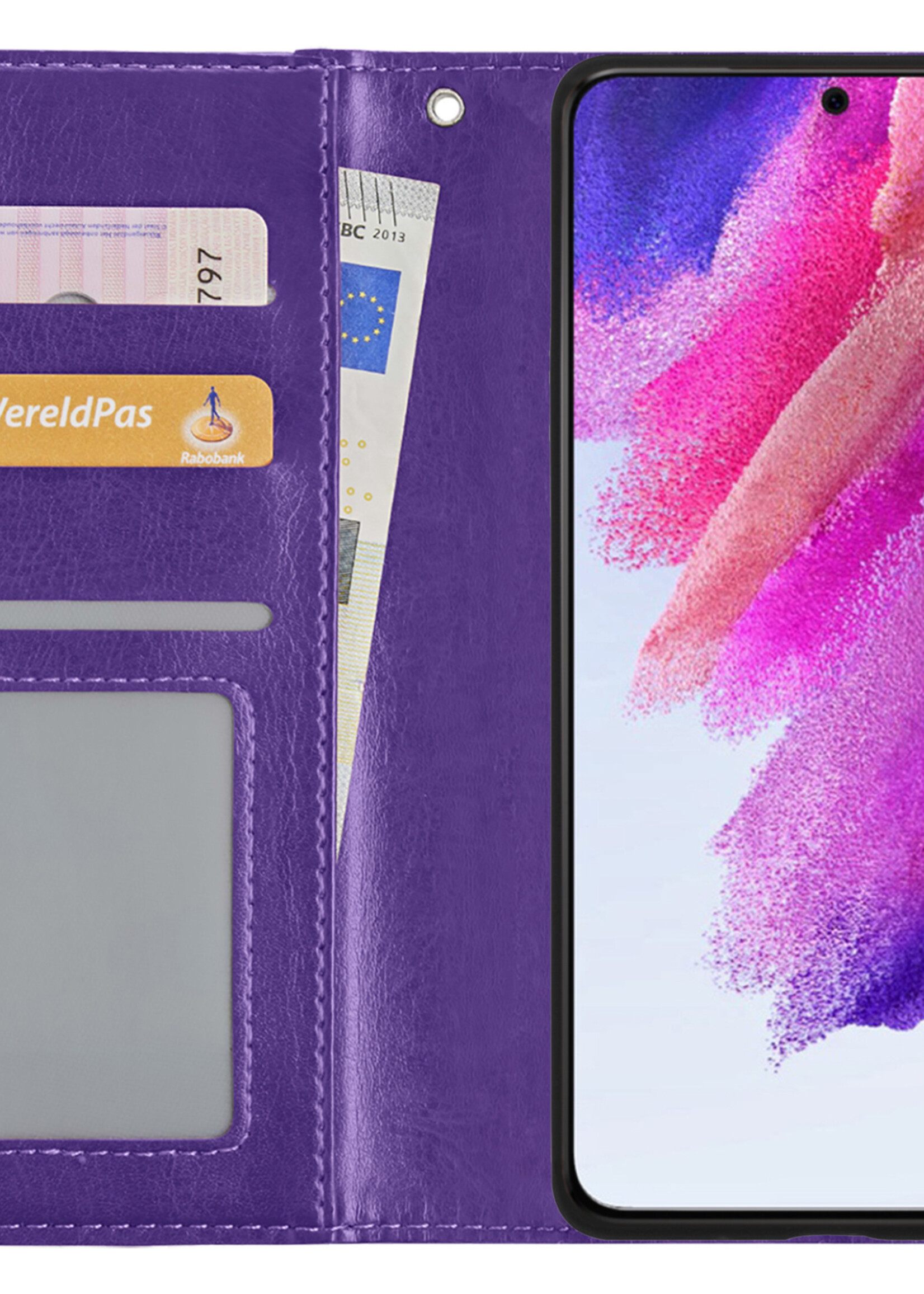 Hoesje Geschikt voor Samsung S21 FE Hoesje Book Case Hoes Wallet Cover Met 2x Screenprotector - Hoes Geschikt voor Samsung Galaxy S21 FE Hoesje Bookcase Hoes - Paars