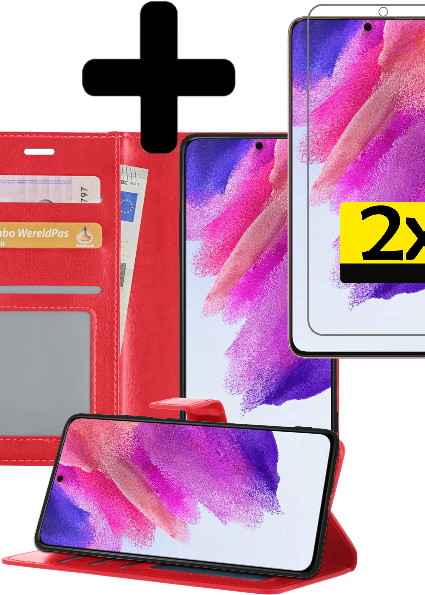 LUQ Hoesje Geschikt voor Samsung S21 FE Hoesje Book Case Hoes Wallet Cover Met 2x Screenprotector - Hoes Geschikt voor Samsung Galaxy S21 FE Hoesje Bookcase Hoes - Rood