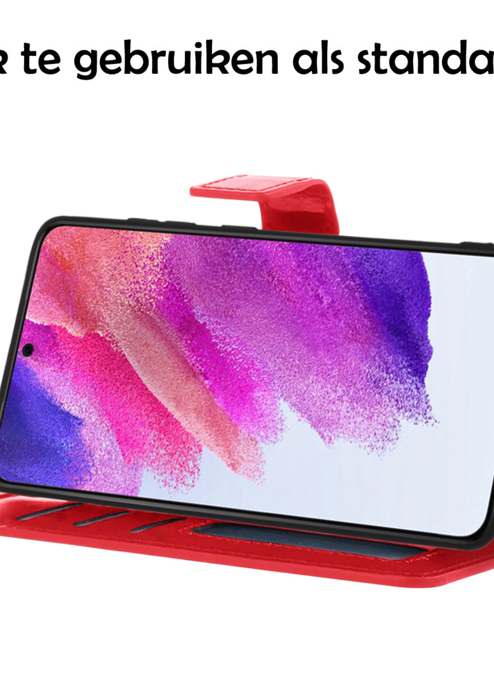 LUQ Hoesje Geschikt voor Samsung S21 FE Hoesje Book Case Hoes Wallet Cover Met 2x Screenprotector - Hoes Geschikt voor Samsung Galaxy S21 FE Hoesje Bookcase Hoes - Rood