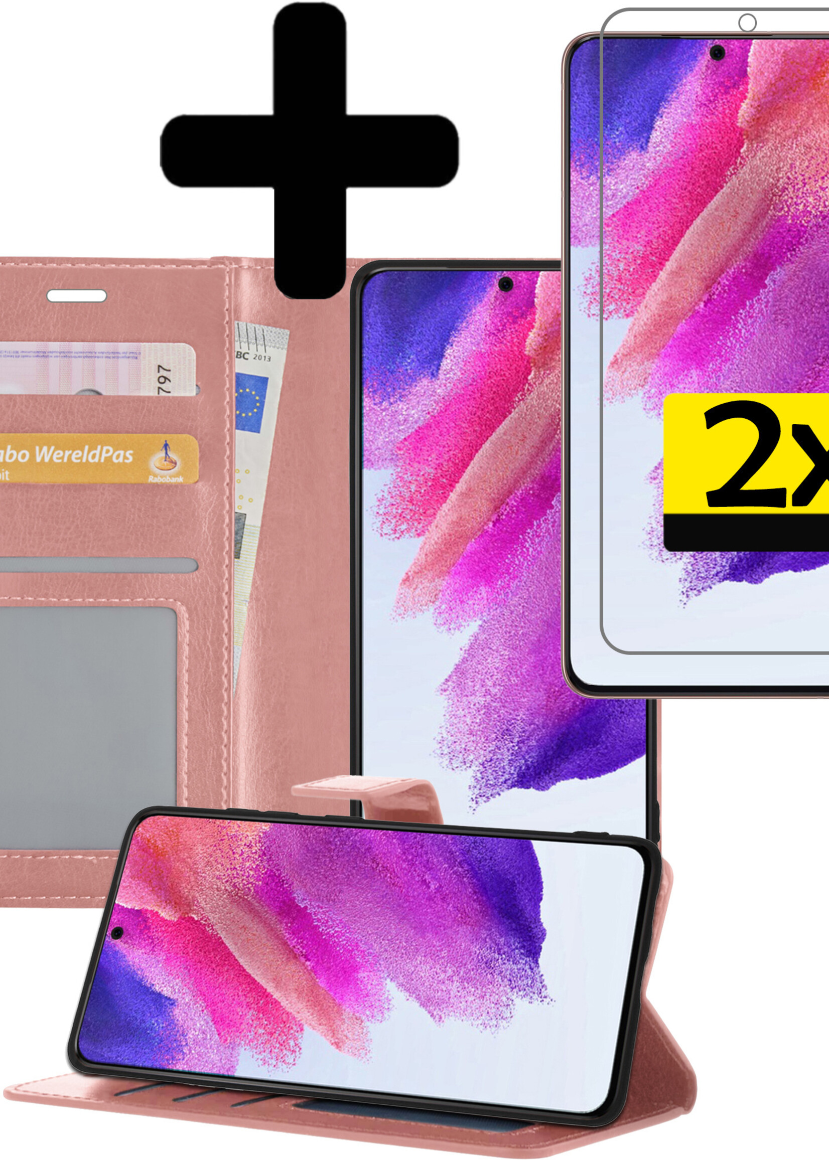 Hoesje Geschikt voor Samsung S21 FE Hoesje Book Case Hoes Wallet Cover Met 2x Screenprotector - Hoes Geschikt voor Samsung Galaxy S21 FE Hoesje Bookcase Hoes - Rosé goud