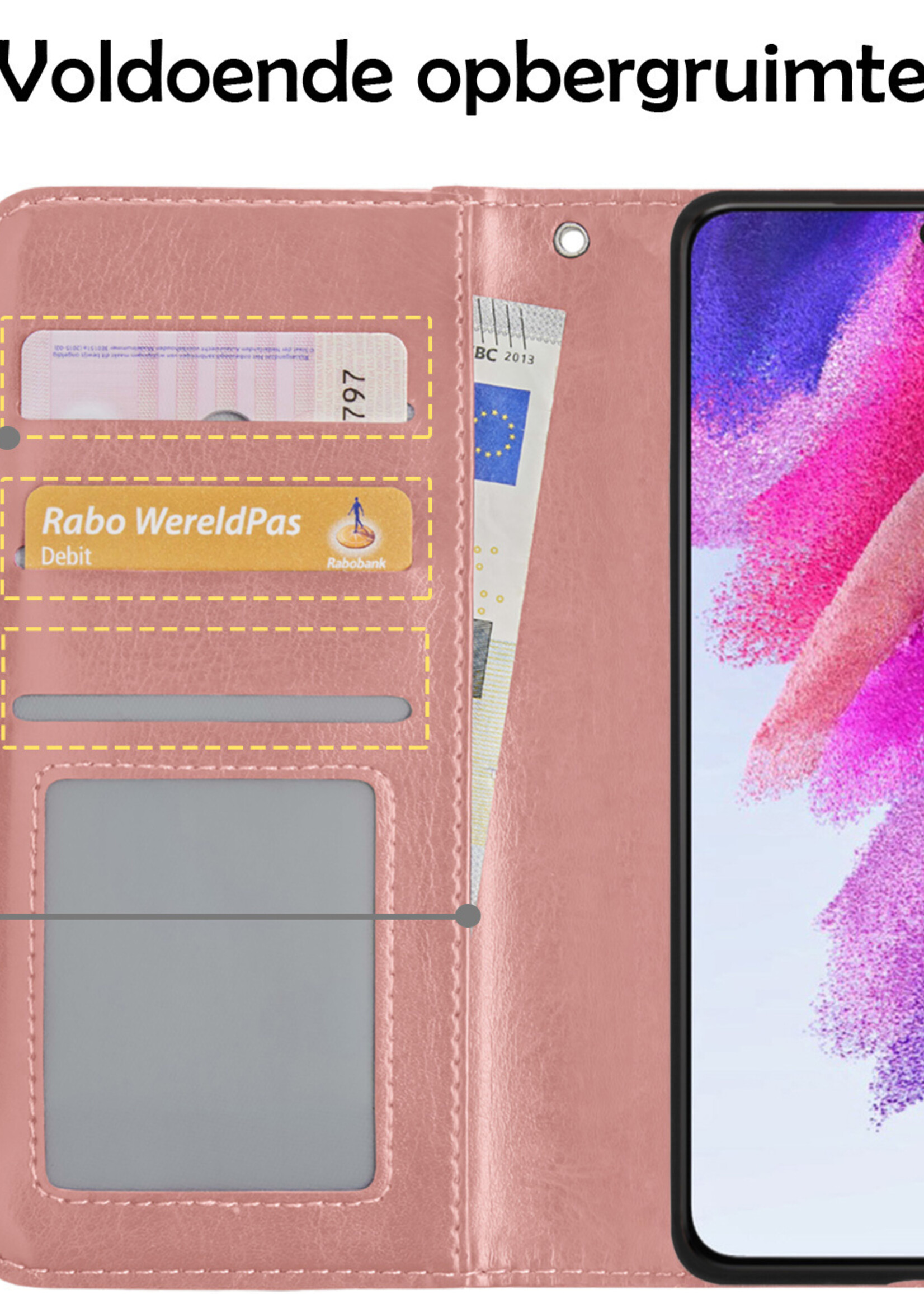 Hoesje Geschikt voor Samsung S21 FE Hoesje Book Case Hoes Wallet Cover Met 2x Screenprotector - Hoes Geschikt voor Samsung Galaxy S21 FE Hoesje Bookcase Hoes - Rosé goud