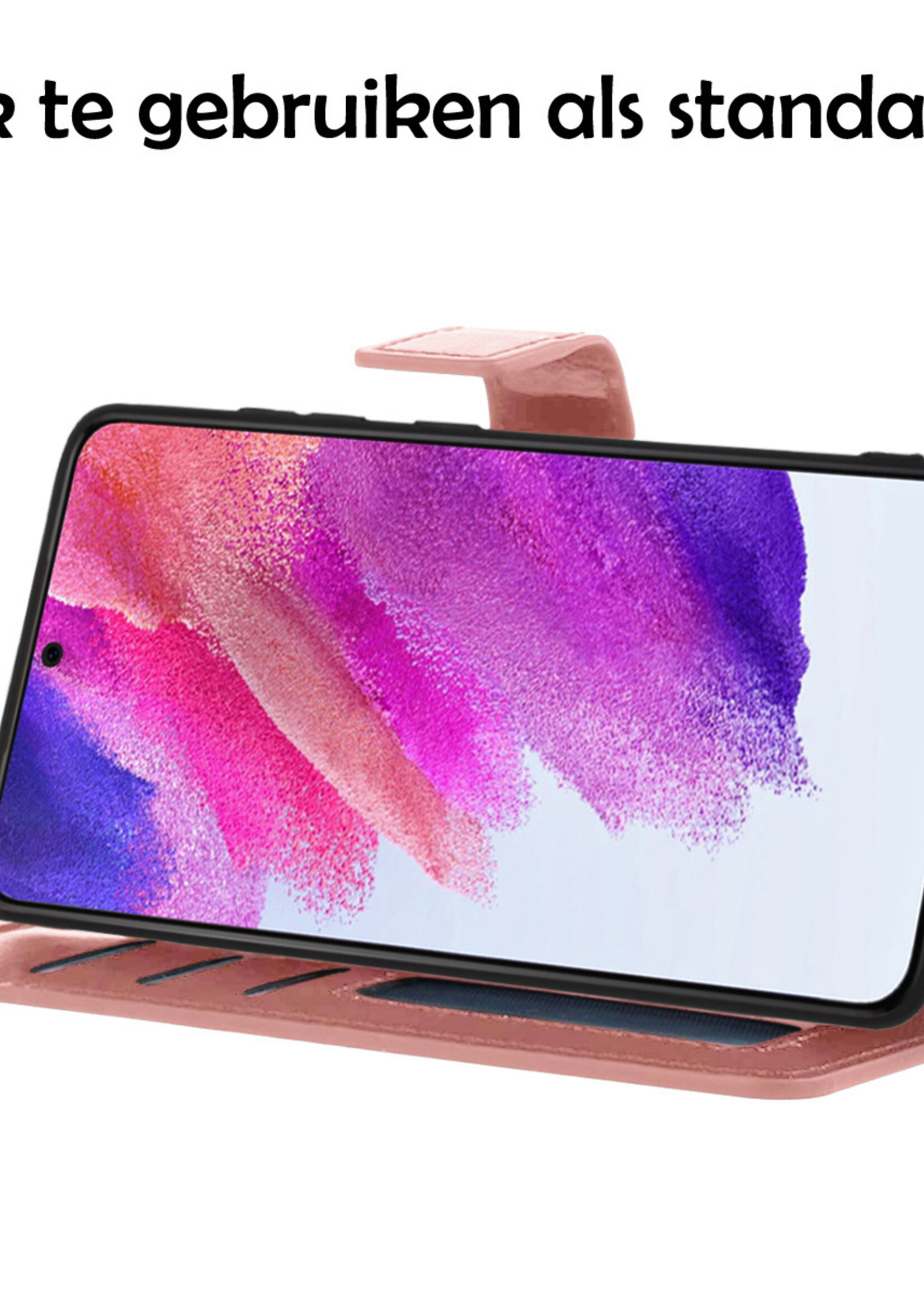 LUQ Hoesje Geschikt voor Samsung S21 FE Hoesje Book Case Hoes Wallet Cover Met 2x Screenprotector - Hoes Geschikt voor Samsung Galaxy S21 FE Hoesje Bookcase Hoes - Rosé goud