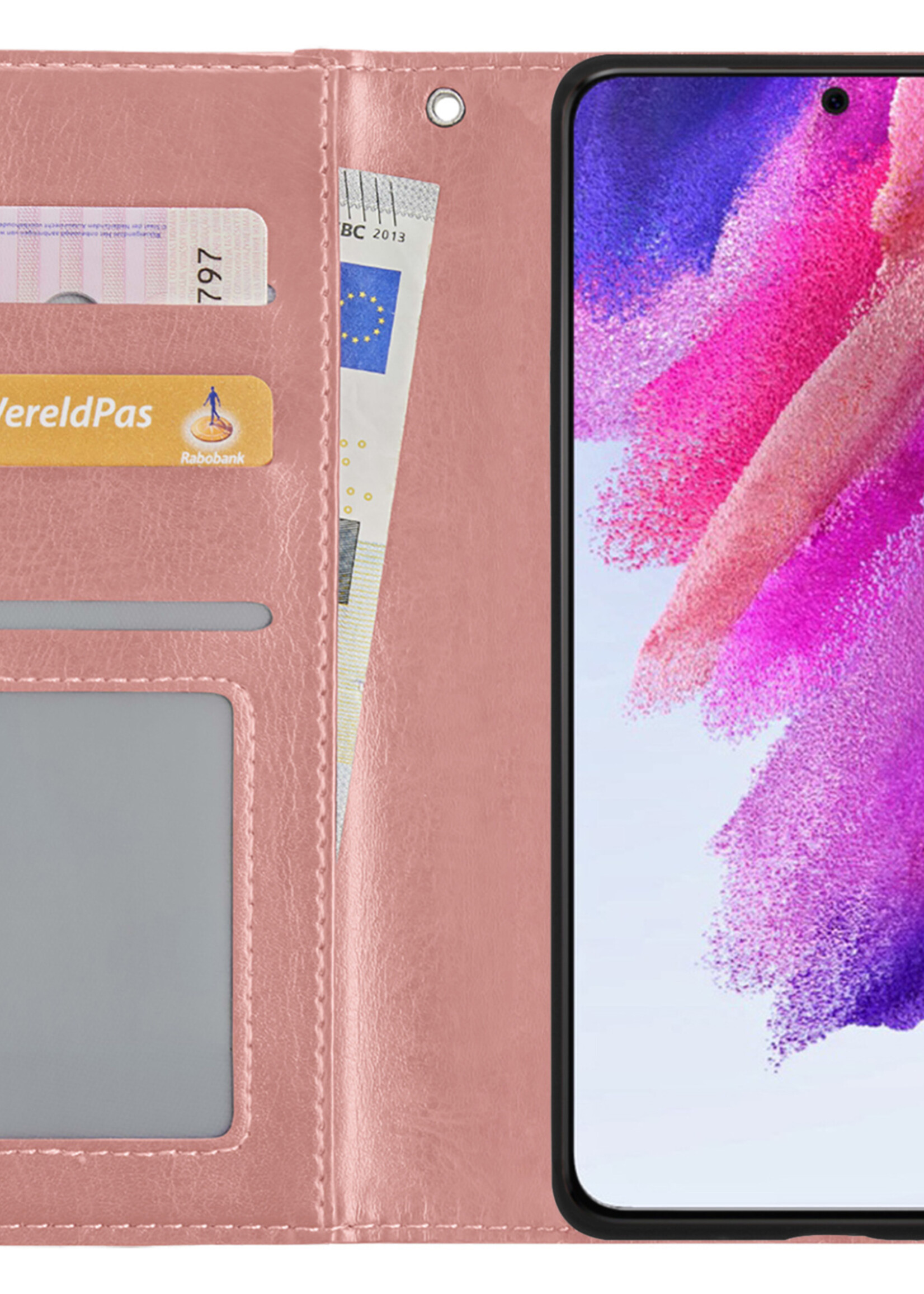 LUQ Hoesje Geschikt voor Samsung S21 FE Hoesje Book Case Hoes Wallet Cover Met 2x Screenprotector - Hoes Geschikt voor Samsung Galaxy S21 FE Hoesje Bookcase Hoes - Rosé goud