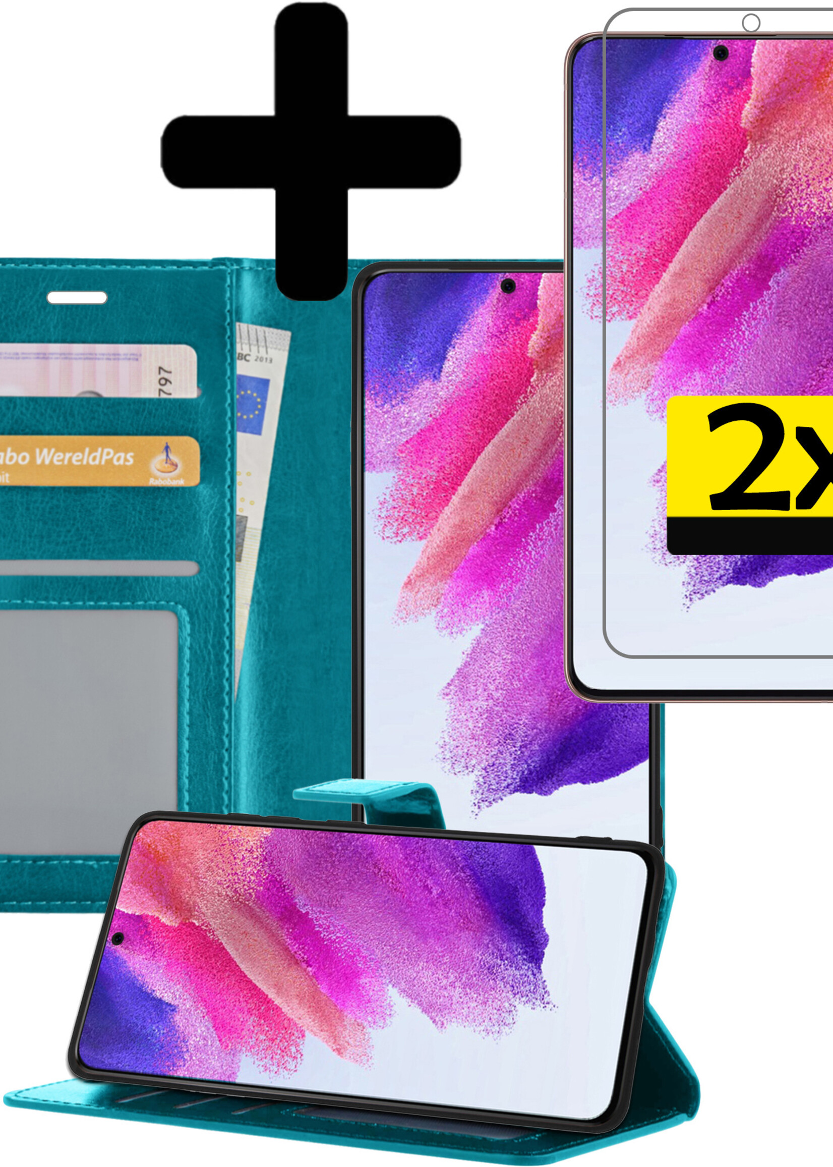 LUQ Hoesje Geschikt voor Samsung S21 FE Hoesje Book Case Hoes Wallet Cover Met 2x Screenprotector - Hoes Geschikt voor Samsung Galaxy S21 FE Hoesje Bookcase Hoes - Turquoise