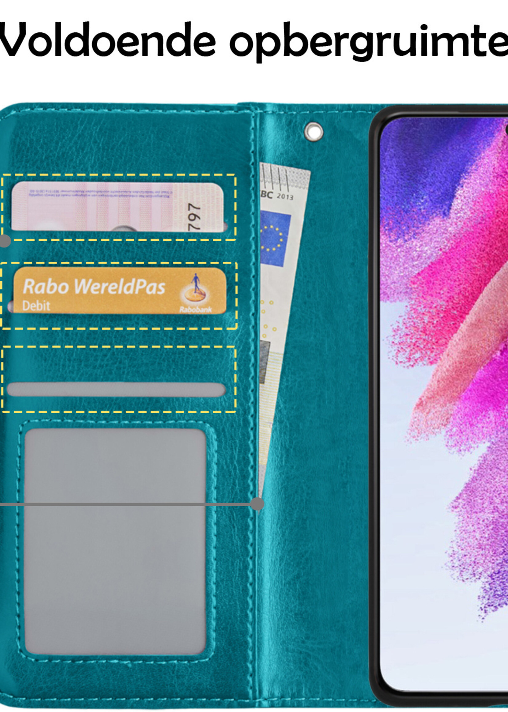 LUQ Hoesje Geschikt voor Samsung S21 FE Hoesje Book Case Hoes Wallet Cover Met 2x Screenprotector - Hoes Geschikt voor Samsung Galaxy S21 FE Hoesje Bookcase Hoes - Turquoise