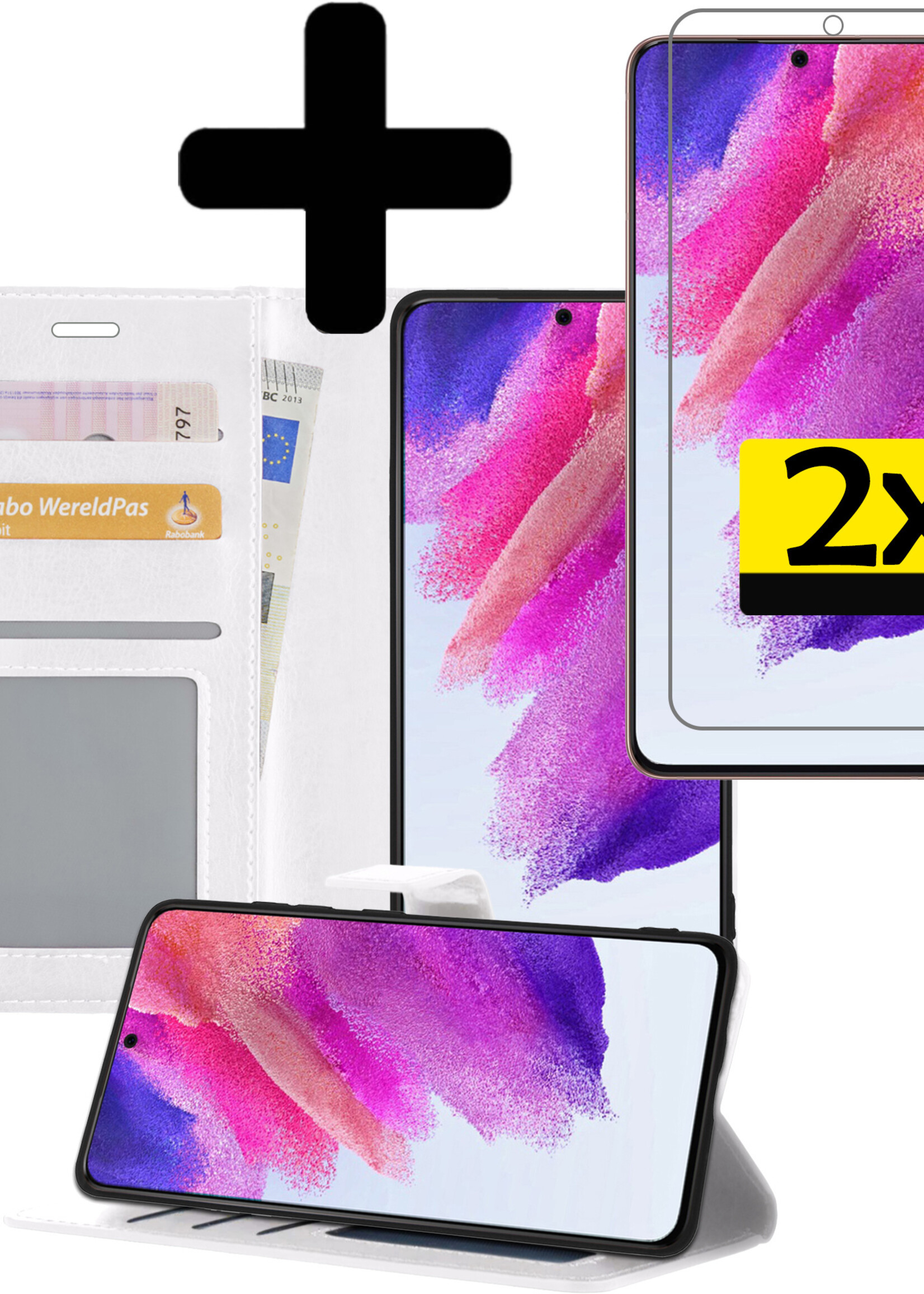 LUQ Hoesje Geschikt voor Samsung S21 FE Hoesje Book Case Hoes Wallet Cover Met 2x Screenprotector - Hoes Geschikt voor Samsung Galaxy S21 FE Hoesje Bookcase Hoes - Wit