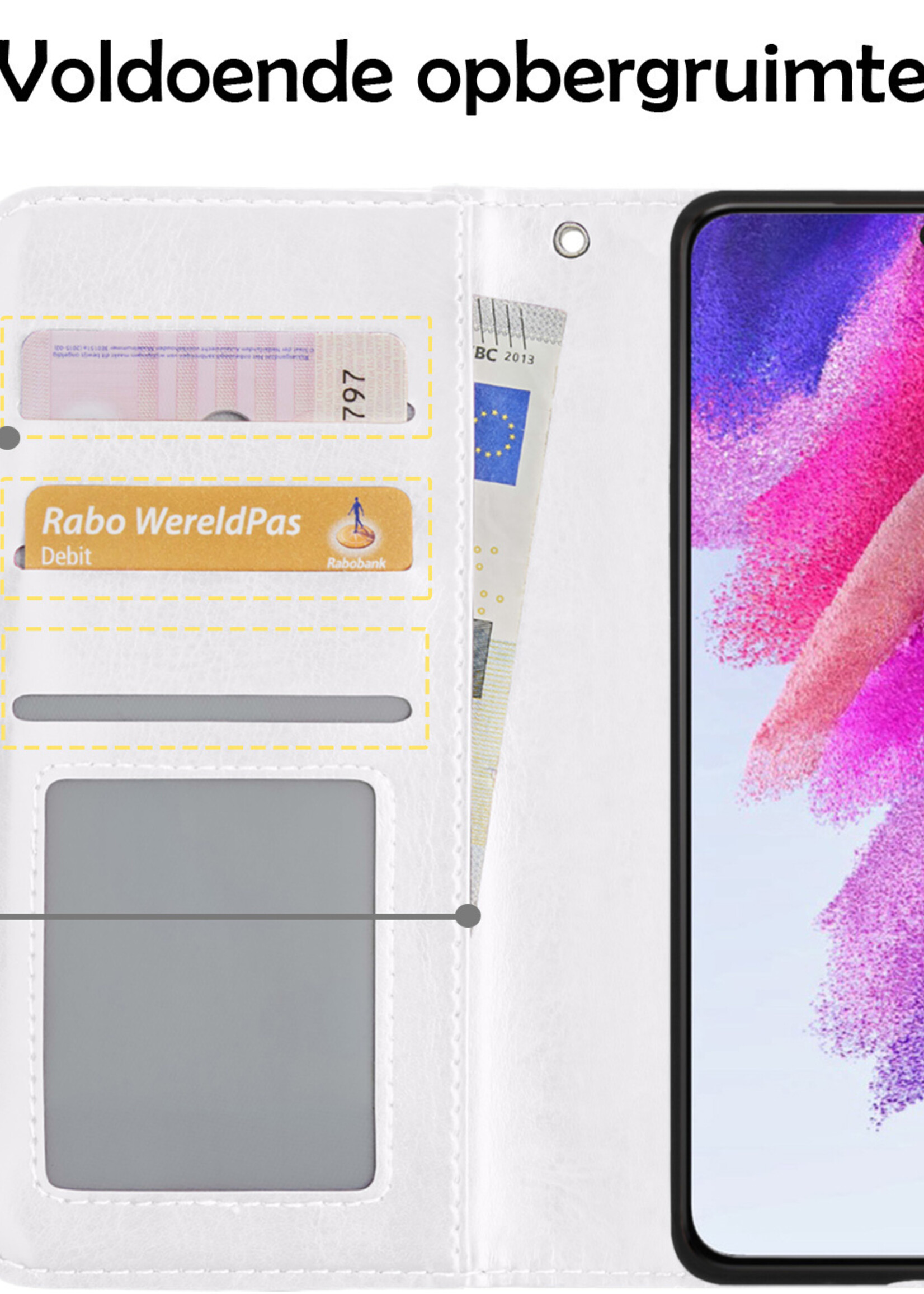 LUQ Hoesje Geschikt voor Samsung S21 FE Hoesje Book Case Hoes Wallet Cover Met 2x Screenprotector - Hoes Geschikt voor Samsung Galaxy S21 FE Hoesje Bookcase Hoes - Wit