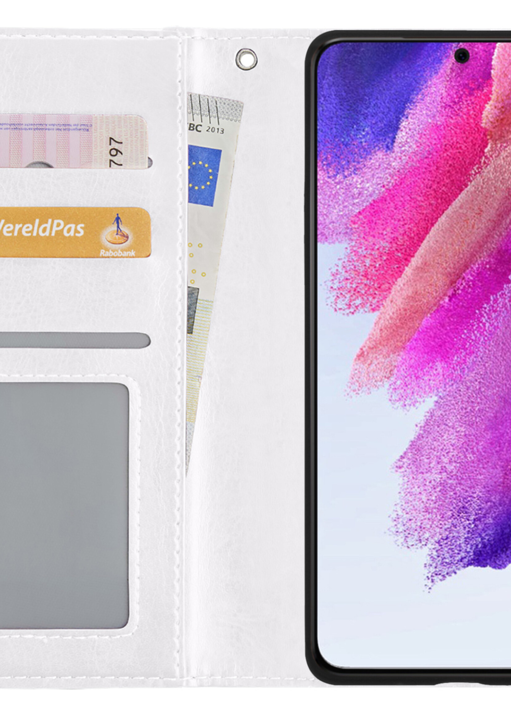 LUQ Hoesje Geschikt voor Samsung S21 FE Hoesje Book Case Hoes Wallet Cover Met 2x Screenprotector - Hoes Geschikt voor Samsung Galaxy S21 FE Hoesje Bookcase Hoes - Wit