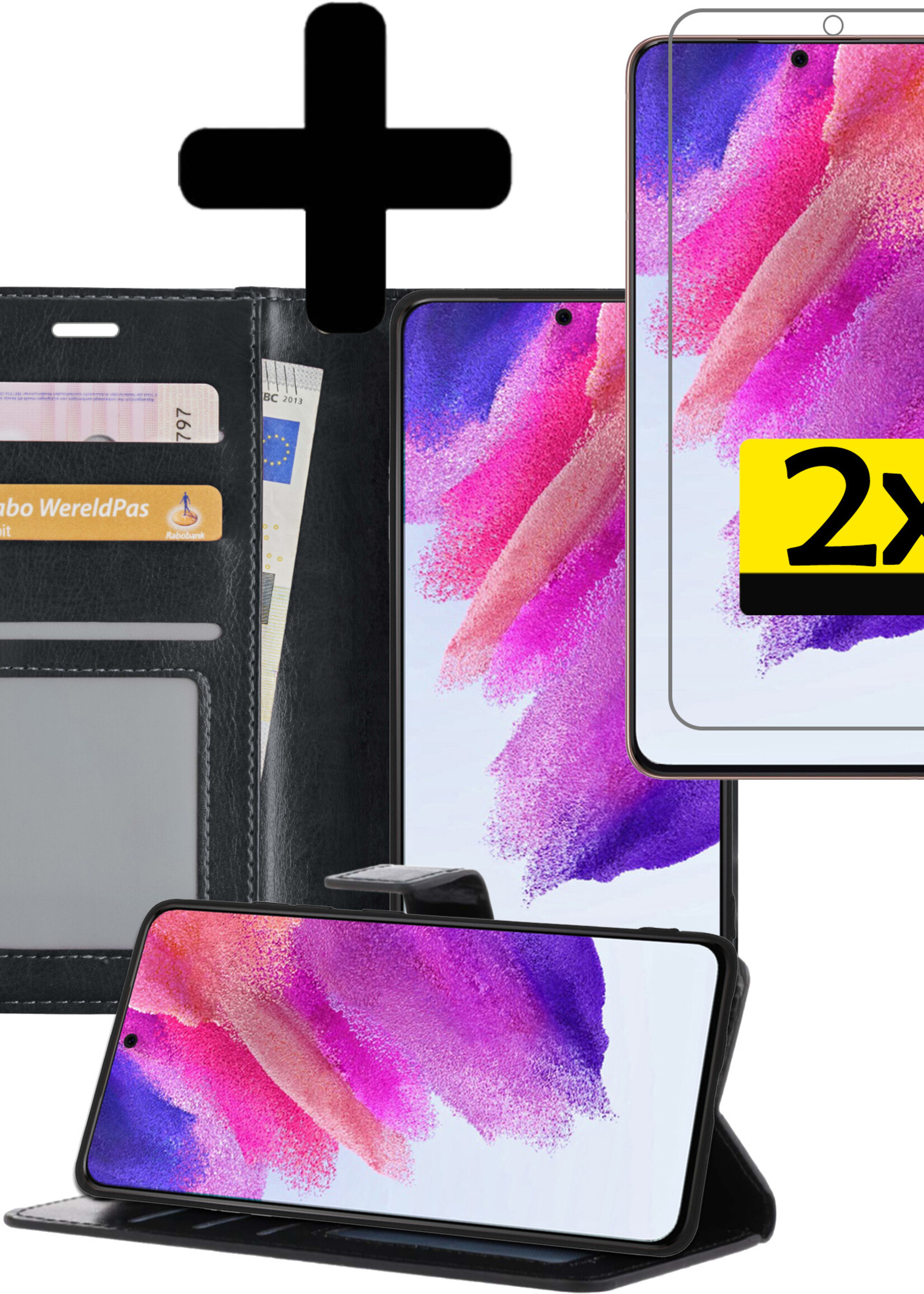 LUQ Hoesje Geschikt voor Samsung S21 FE Hoesje Book Case Hoes Wallet Cover Met 2x Screenprotector - Hoes Geschikt voor Samsung Galaxy S21 FE Hoesje Bookcase Hoes - Zwart