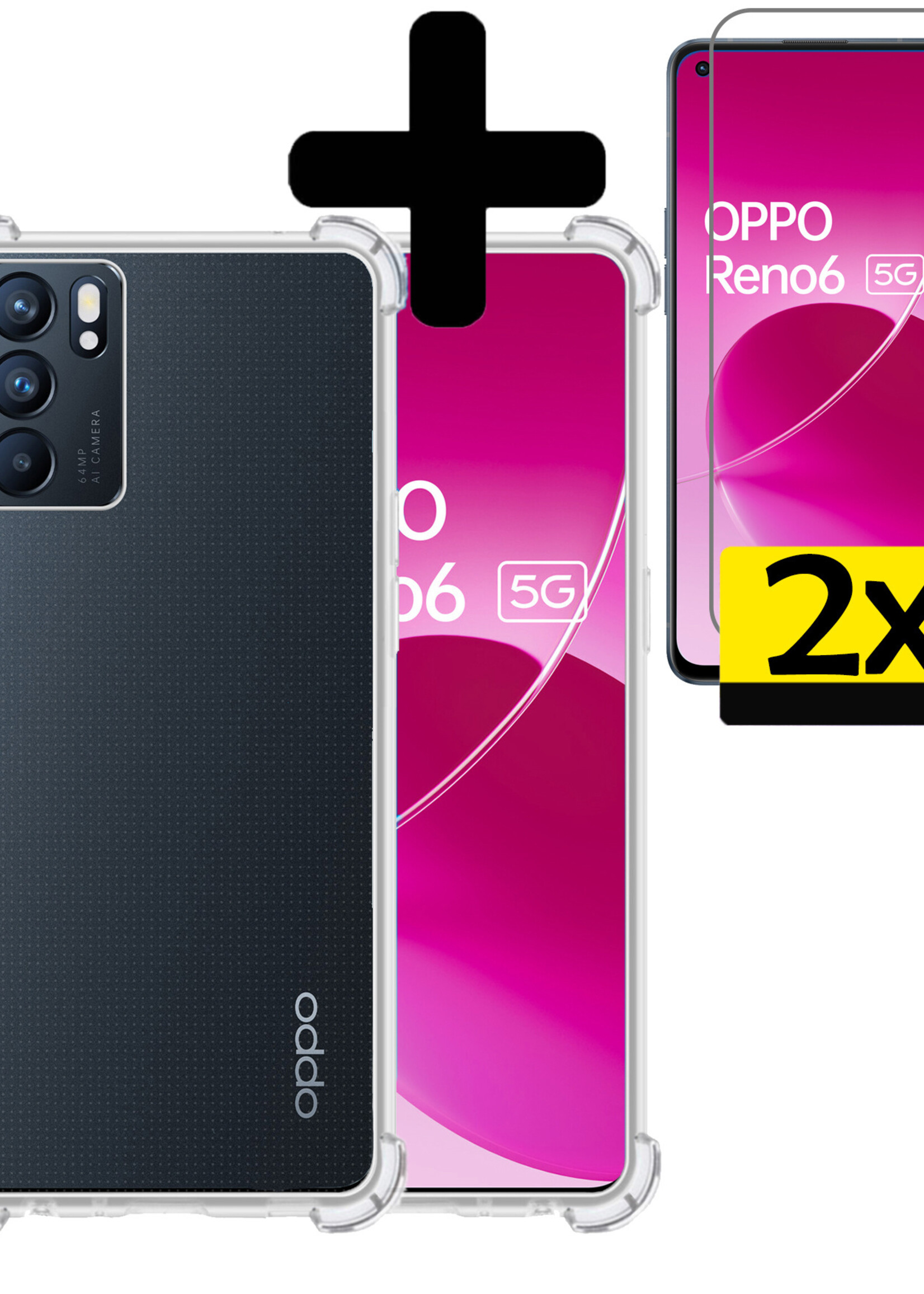 LUQ Hoesje Geschikt voor OPPO Reno 6 Hoesje Shockproof Case Siliconen Met 2x Screenprotector - Hoes Geschikt voor OPPO Reno 6 Hoes Cover Siliconen - Transparant