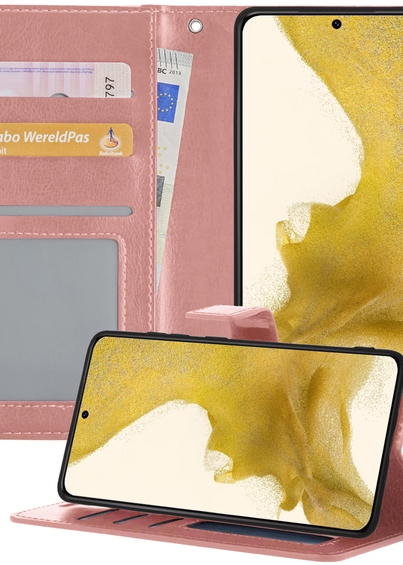 LUQ Hoesje Geschikt voor Samsung S22 Hoesje Book Case Hoes Wallet Cover - Hoes Geschikt voor Samsung Galaxy S22 Hoesje Bookcase Hoes - Rosé goud